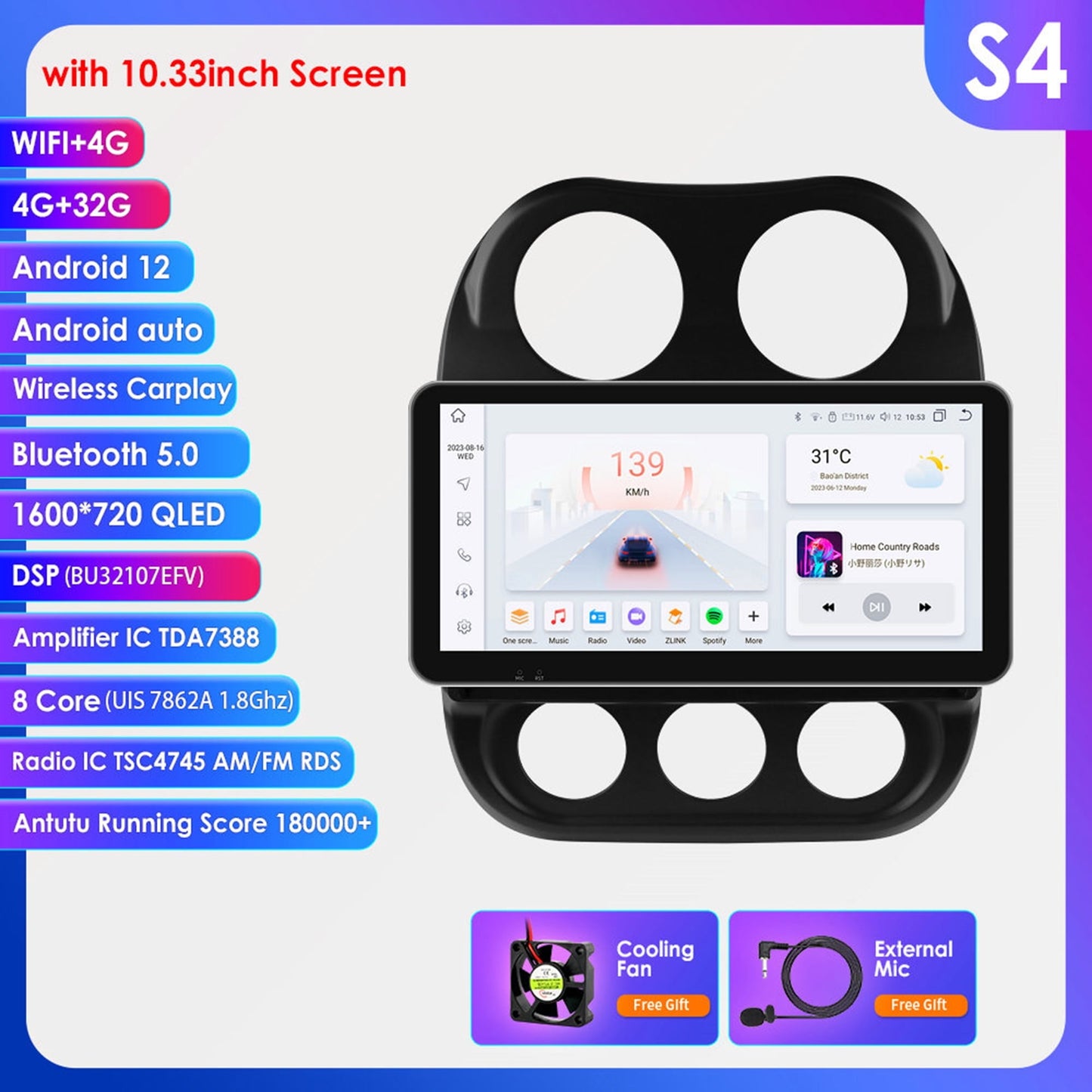 10.33" Touch Screen Android 12 Wifi 4+32GB Carplay Car Stereo Radio Head Unit Multimedia GPS Navigation Player For Jeep Compass Patriot 2011 2012 2013 2014 2015 2016 2017