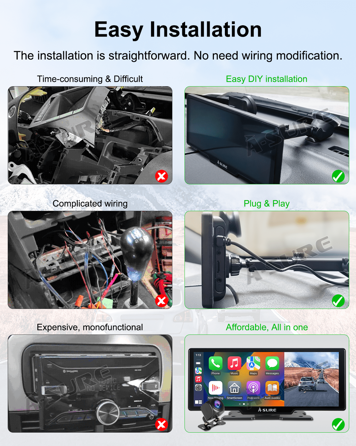ASURE 10.26'' Portable Dual Camera Dash Mount Car Stereo with Wireless Apple CarPlay Android Auto, Universal Multimedia Player Dash Cam IPS Touchscreen