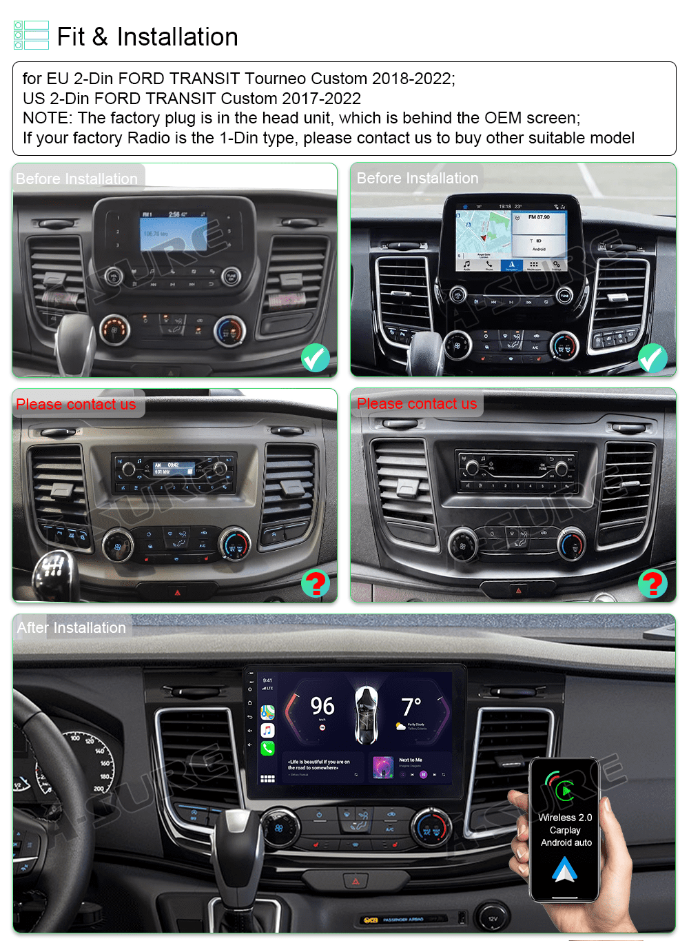 For 2017-2022 Ford Transit Custom 2-DIN Car Stereo Radio Android 13 Wireless CarPlay WiFi BT GPS DSP 2+32GB