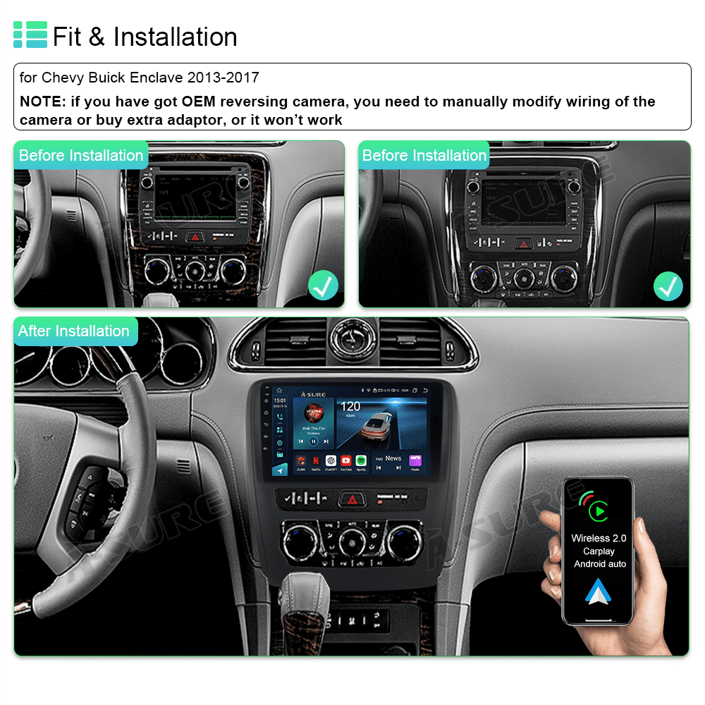 8-Core 4+64GB Android 13 Car Radio Stereo for Chevy Buick Enclave 2013-2017 GPS Navi Wireless CarPlay WiFi BT