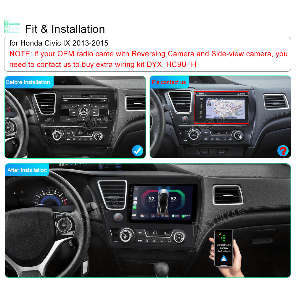 9" Wireless CarPlay Android 13 Car Stereo Radio for Honda Civic IX 2013-2015 GPS WiFi Bluetooth USB SWC DSP Honda Android host