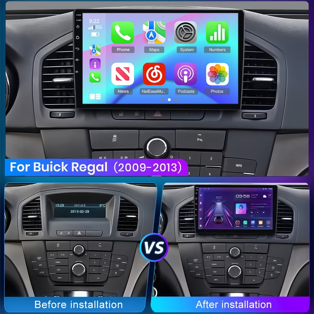 Guwzn Car Stereo Radio for Buick Regal 2009-2013 9" Touchscreen 2+32G Vehicle GPS Navigation Wireless CarPlay Android Auto