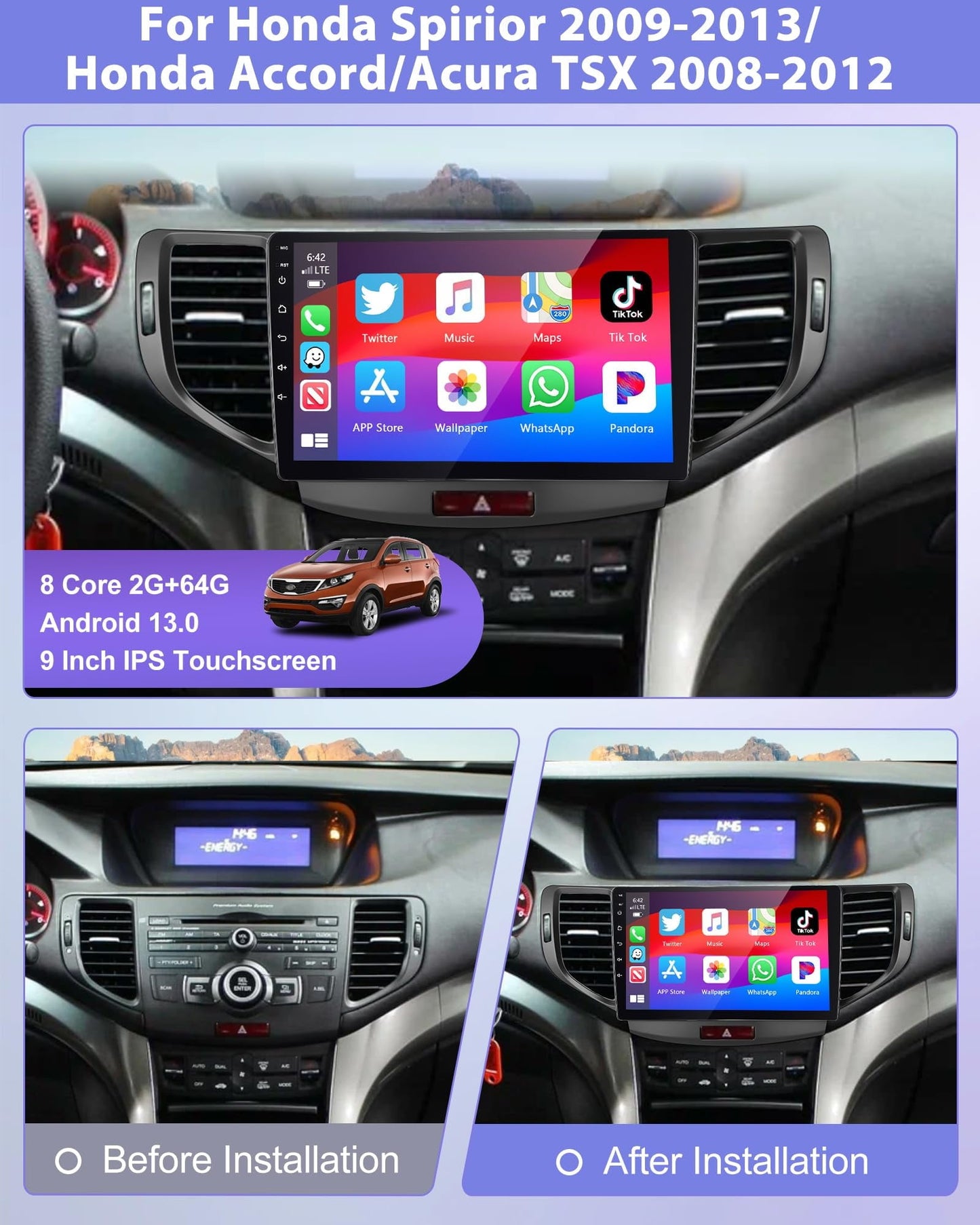 2+64G Car Stereo for Acura TSX 2009-2014/Honda Spirior Accord 2008-2012 with Apple Carplay Android Auto,WiFi 9'' IPS 1280*720 Touchscreen Car Radio with GPS,Bluetooth,FMRDS+Backup Cam C42