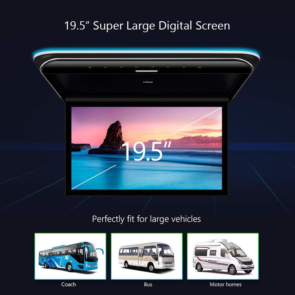 car displayXTRONS 19.5 Inch Car Overhead Player 16:9 Wide Screen 1080P Video Car Roof Mount Monitor Ultra-Thin Flip Down Overhead Car Monitor Supports IR, HDMI, USB, AV Input, Stereo Speakers