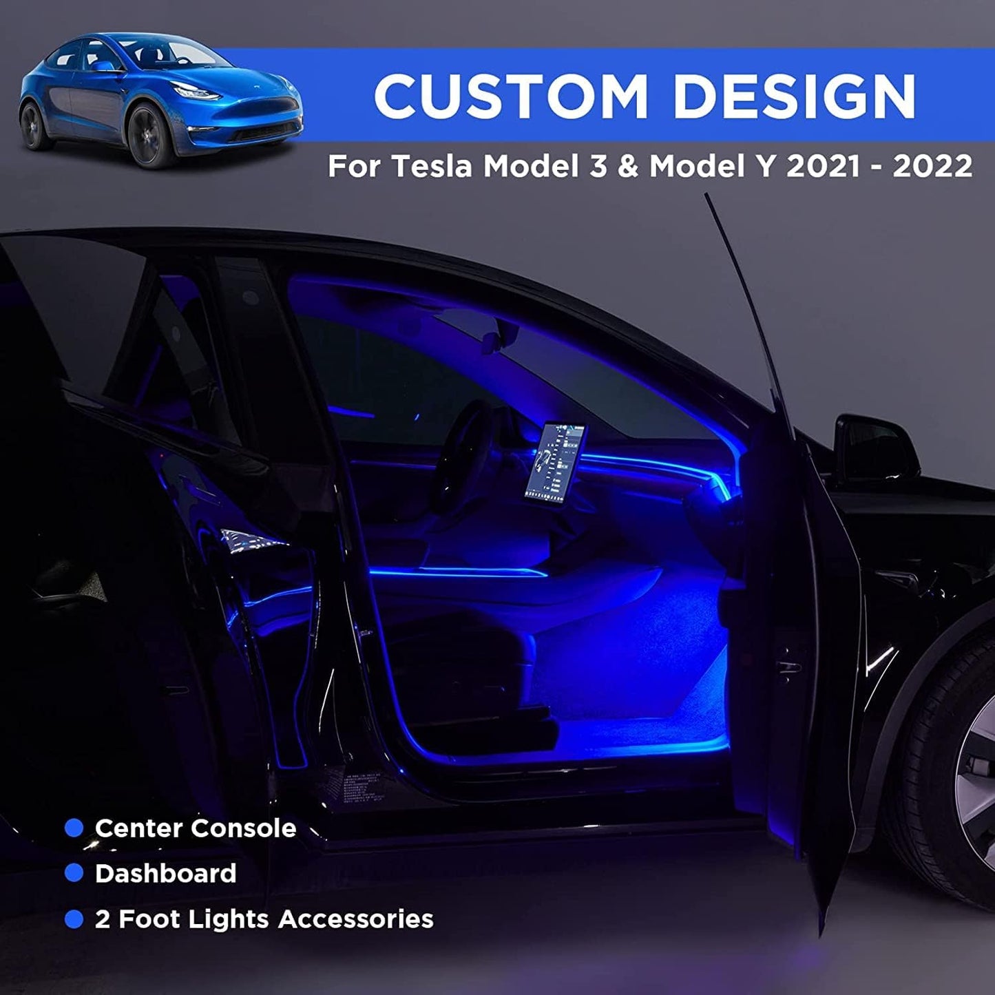 Nestour 2016-2020 Tesla Model 3 Y Interior Car Neon Lights, (Center Console+Dashboard+2 Foot Lights) with Matching Armrest Organizer, Tesla Ambient Lights, APP-Controlled RGB LED Strip LightsTesla Vehicle Accessories