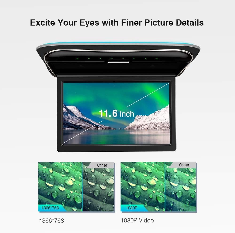 car displayXTRONS 11.6 Inch Car Overhead Roof Mounted Monitor Screen Ultra-Thin Flip Down TV for Cars 1080P Car Video Player with Built-in Speaker Support IR, USB, HDMI, AV Input (No DVD)