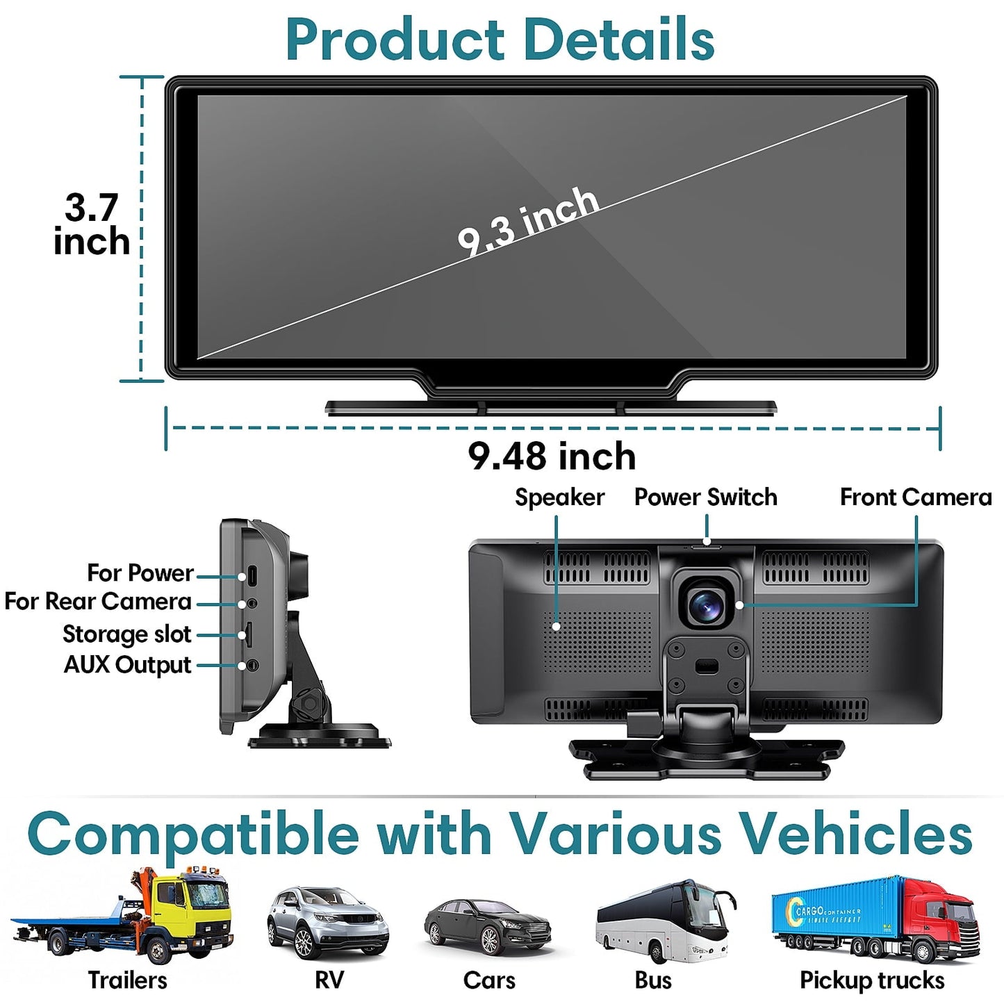 Wireless Carplay Screen for Car, 2.5K Dash Cam, 64G SD Card, Backup Camera, Bluetooth, GPS Navigation, Android Auto, 9.3" Portable Car Play Screen