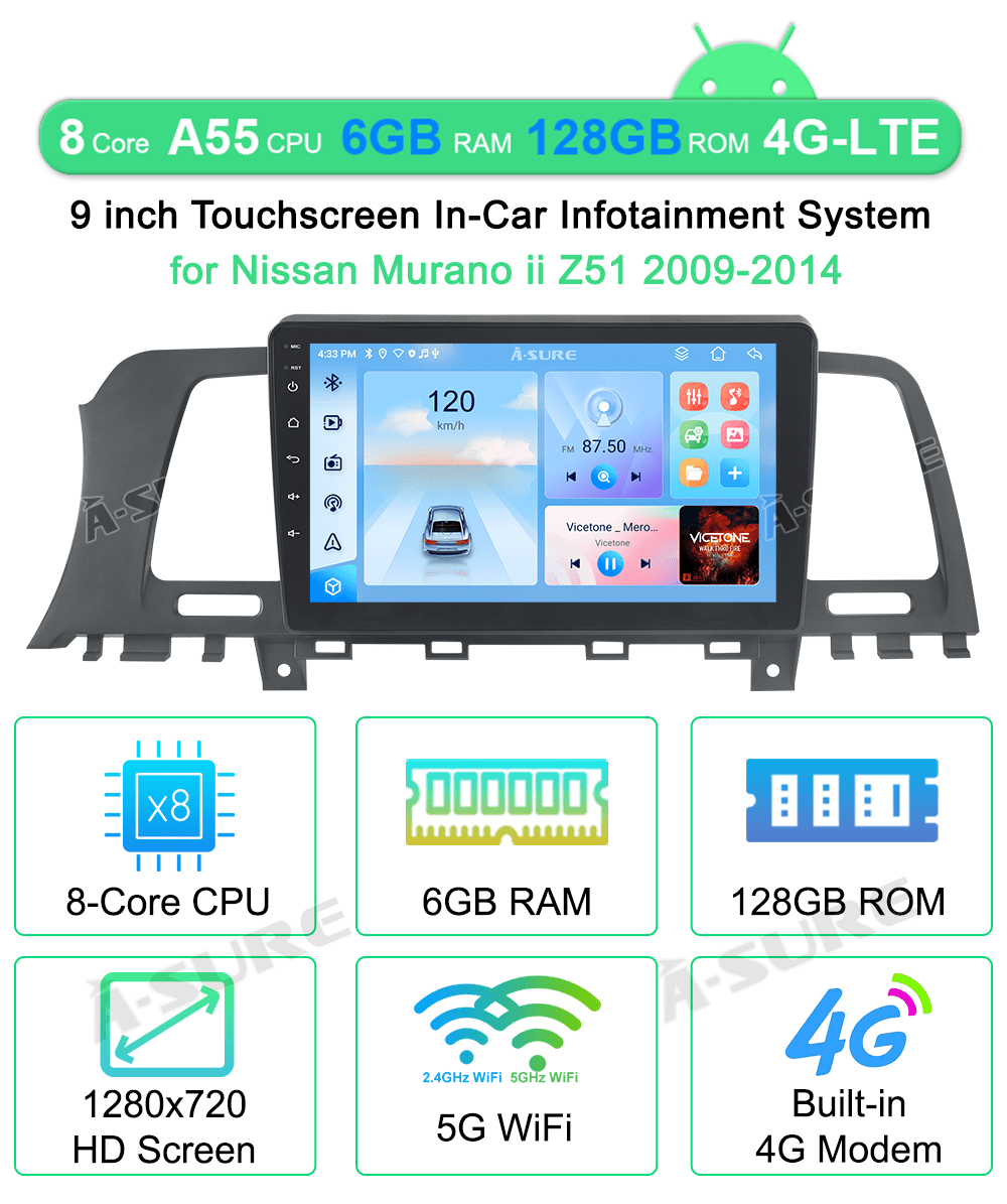 ASURE 8 Core 6+128GB Android 13 Car Radio Stereo for Nissan Murano 2009-2014 Wireless CarPlay Bluetooth WiFi 4G LTE GPS DSP
