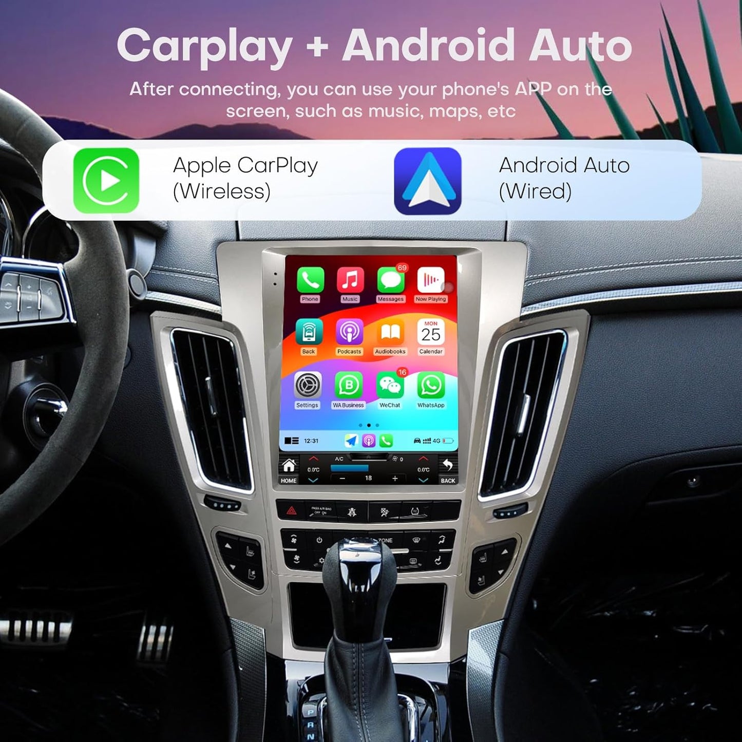 Car Radio for Cadillac CTS 2008-2012 Stereo Replacement Upgrade Carplay Android Auto Vertical Touch Screen Tesla Style with DSP in Dash Headunit Multimedia Player Audio Voice Control GPS Navigation
