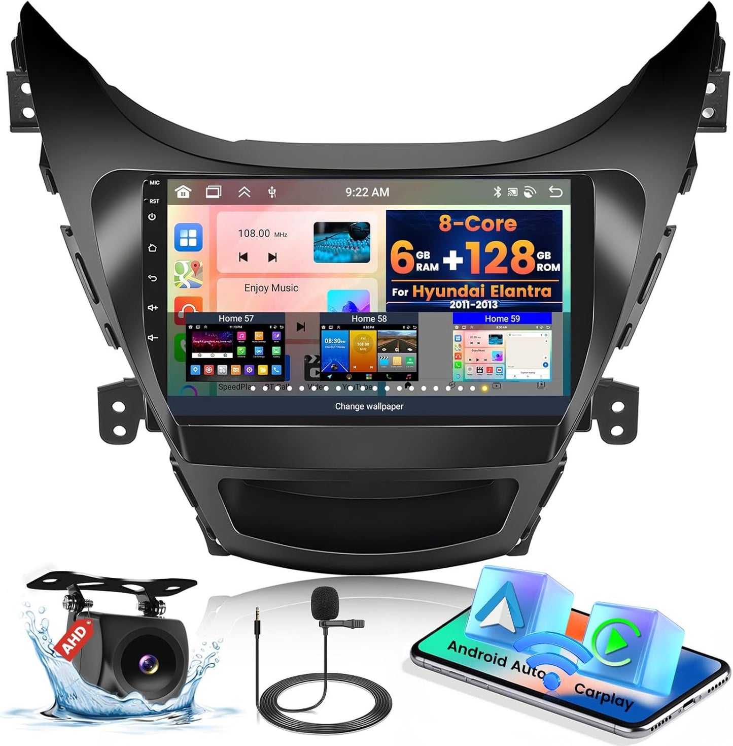 2+64G Inefala for Hyundai Elantra 2011-2013 Android 13 Car Radio Stereo Head Unit with Wireless Carplay&Android Auto, 9 Inch Touchscreen with HiFi WiFi GPS FM/RDS Mic AHD Backup Camera