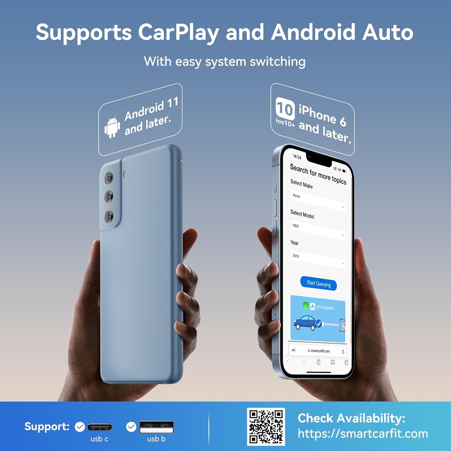 Wireless CarPlay Adapter 2024 Upgraded, 2 in 1 Wireless CarPlay & Android Auto Adapter Converts Factory Wired CarPlay to Wireless, Plug and Play Car Play Wireless Adapter, Compatible iPhone/Android