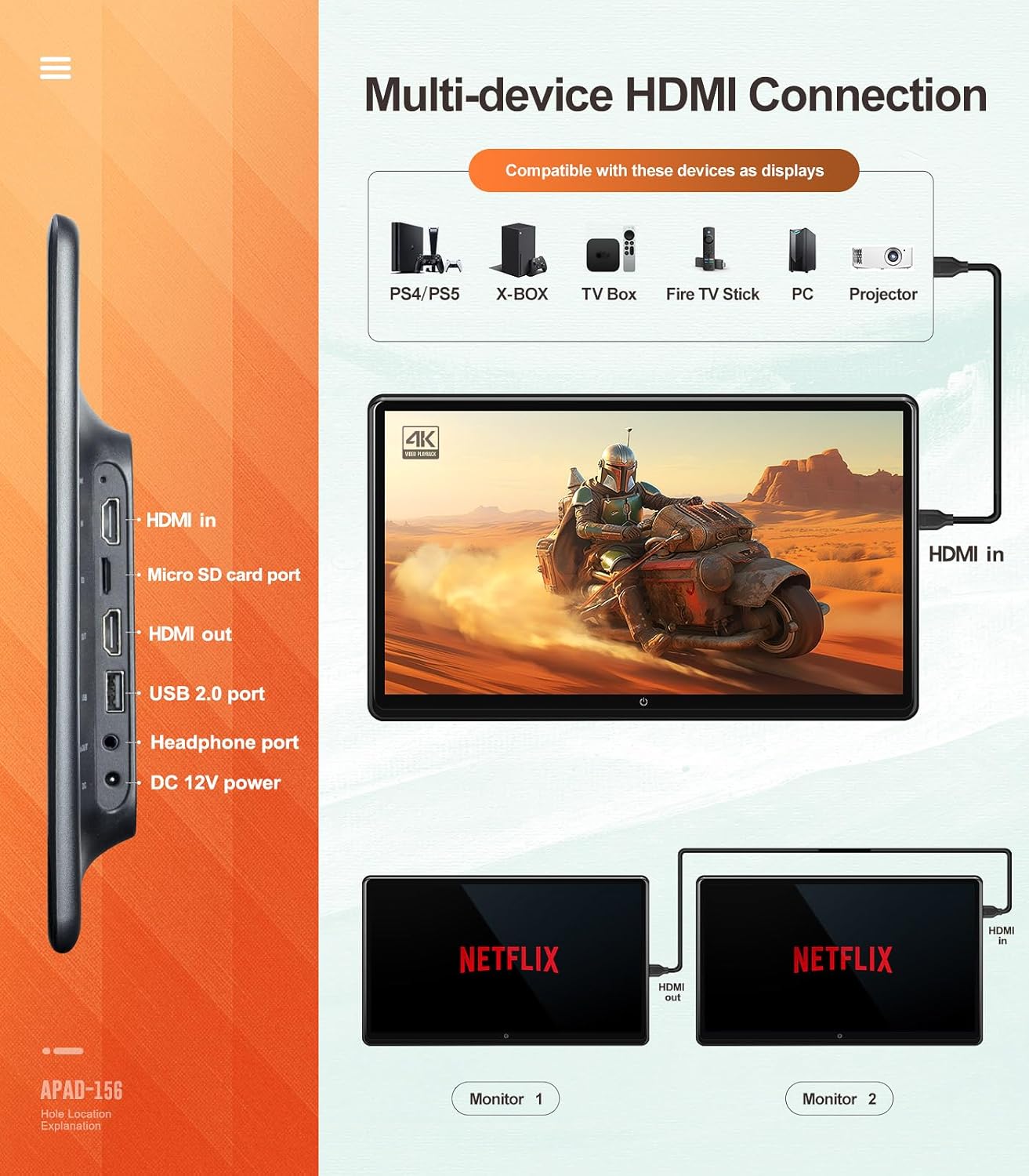 car display15.6-inch 4K Android portable car TV headrest display tablet suitable for car backseat, supports mobile phone wireless touch screen, comes with WiFi/Bluetooth/HDMI/USB/FM/multimedia video player