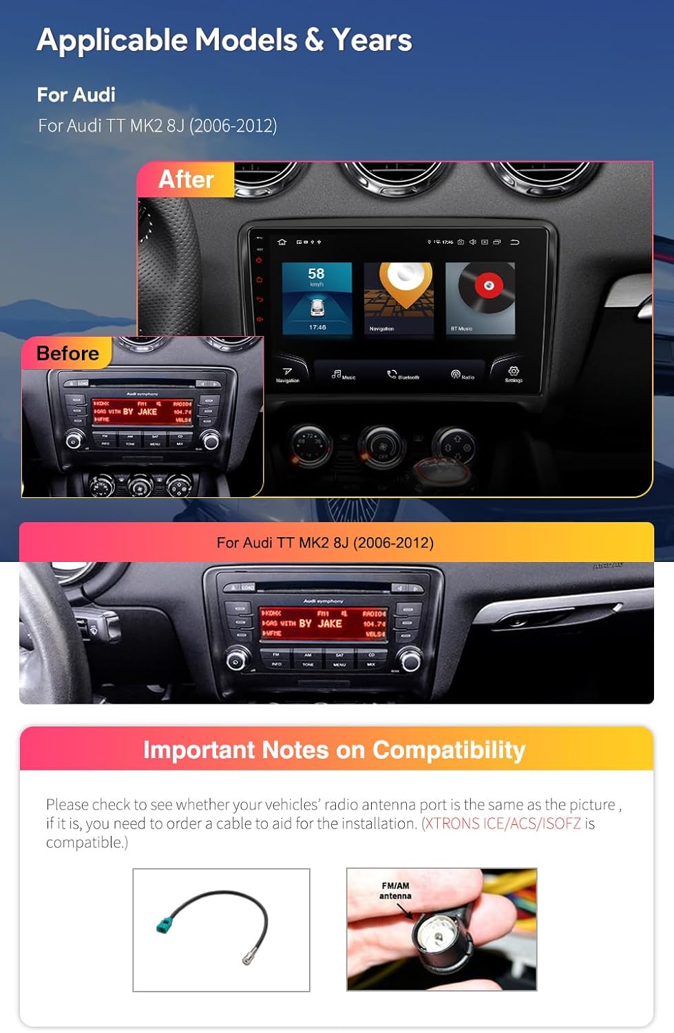 XTRONS Car Stereo for Audi TT MK2, Android 13 Qualcomm Octa Core 8GB+256GB Car Radio, 9 Inch QLED Touch Screen GPS Navigation for Car Bluetooth Head Unit DSP Car Play Android Auto