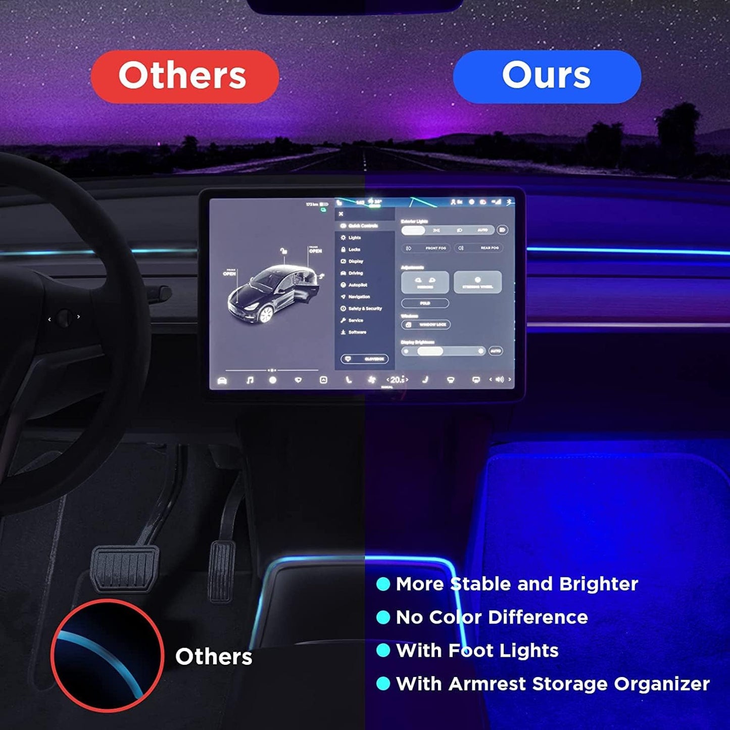 Nestour 2016-2020 Tesla Model 3 Y Interior Car Neon Lights, (Center Console+Dashboard+2 Foot Lights) with Matching Armrest Organizer, Tesla Ambient Lights, APP-Controlled RGB LED Strip LightsTesla Vehicle Accessories