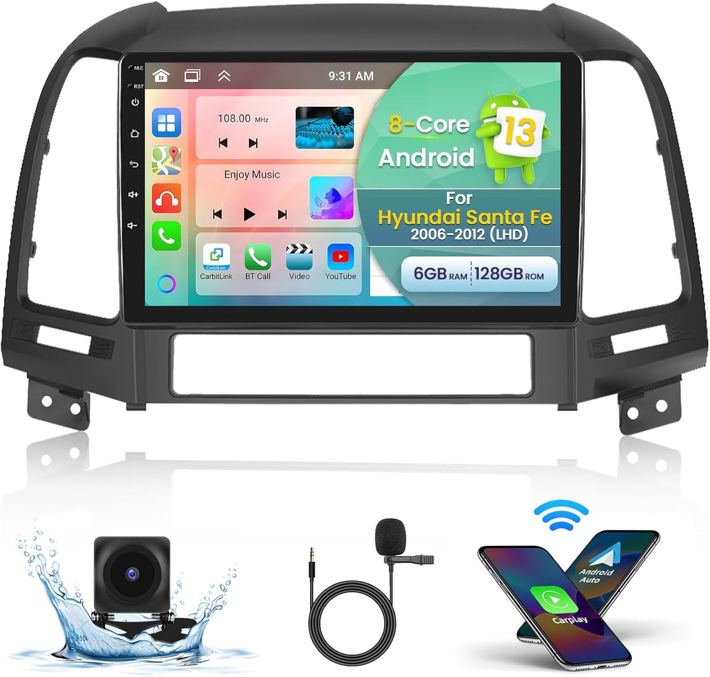 Roinvou for Hyundai Santa Fe 2006-2012 Android Car Radio Stereo 9 Inch Capacitive HD Touch Screen Mirror Link GPS Navigation Head Unit with WiFi Bluetooth USB FM RDS Steering Wheel Controls
