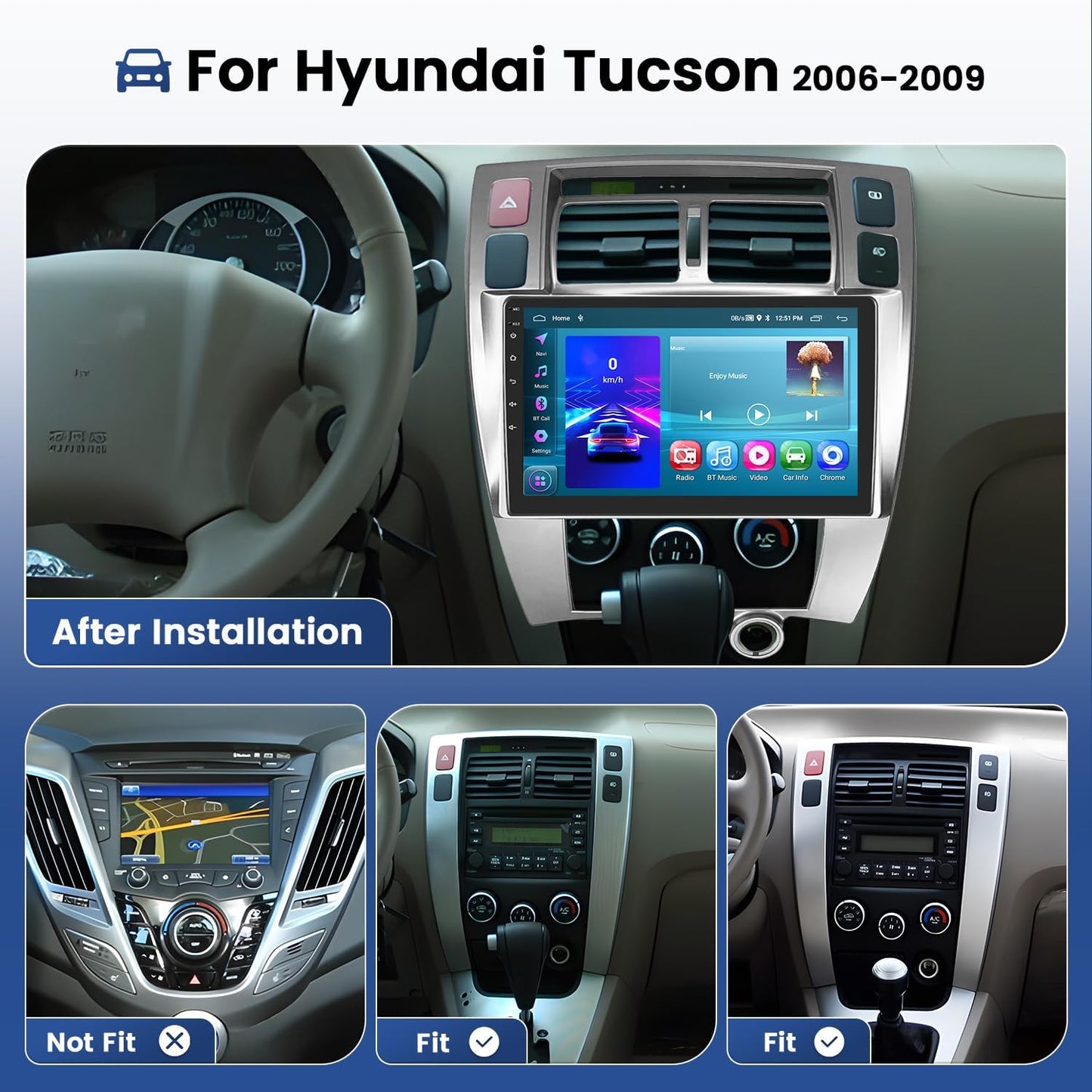 2+64GB Android 13 Car Radio for Hyundai Tucson 2006-2009 with Wireless Carplay/Android Auto, 10.1 Inch Touch Screen Car Stereo, Bluetooth/GPS Navi/WiFi/SWC/FM RDS/DSP + Backup Camera