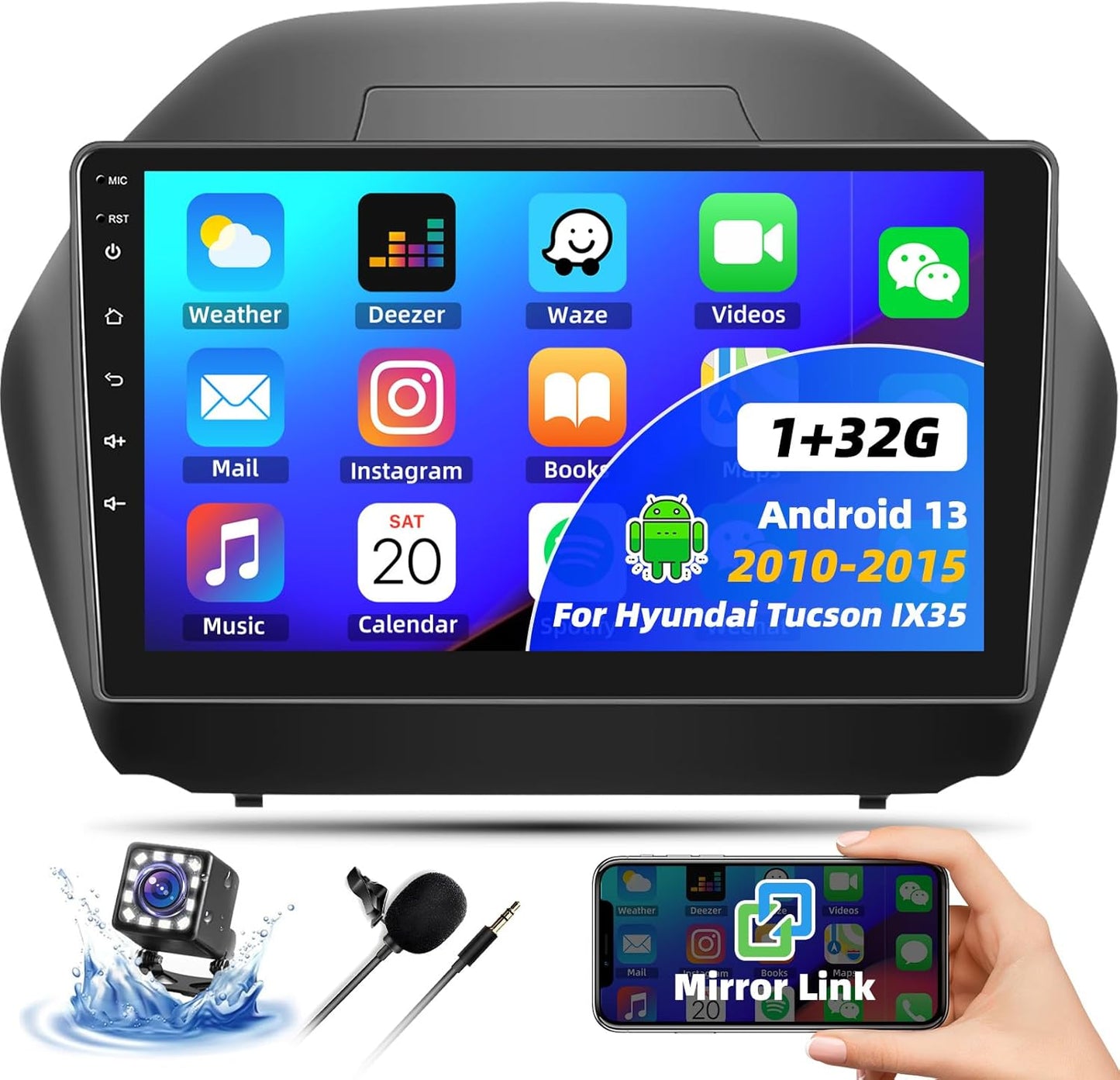 CAMECHO 2+64G Car Radio Head Unit Android 13 for Hyundai Tucson IX35 2010-2015 Autoradio, 10" Touch Screen Car Stereo with CarPlay Android Auto Bluetooth WiFi HiFi & EQ GPS + AHD Backup Camera