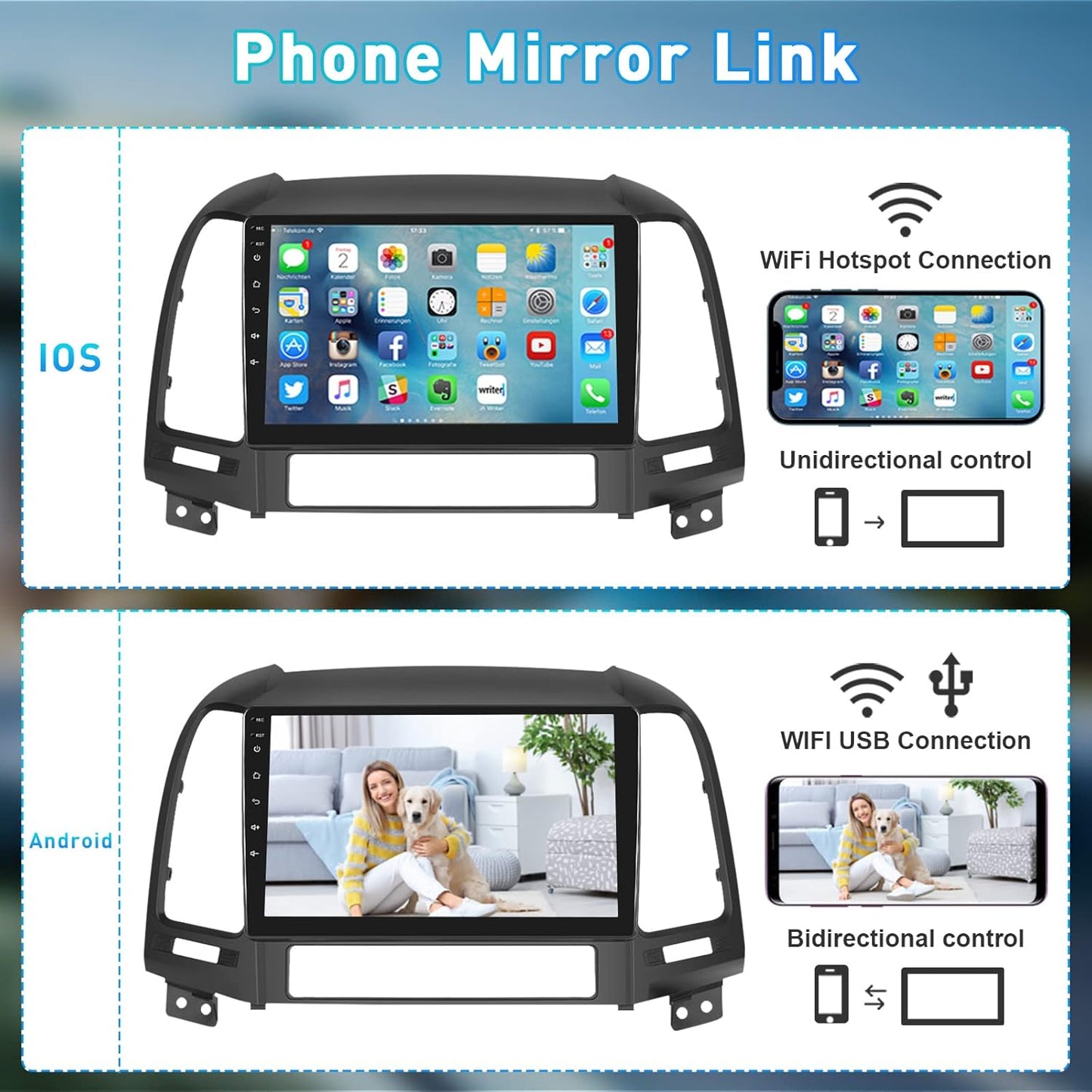 Roinvou for Hyundai Santa Fe 2006-2012 Android Car Radio Stereo 9 Inch Capacitive HD Touch Screen Mirror Link GPS Navigation Head Unit with WiFi Bluetooth USB FM RDS Steering Wheel Controls