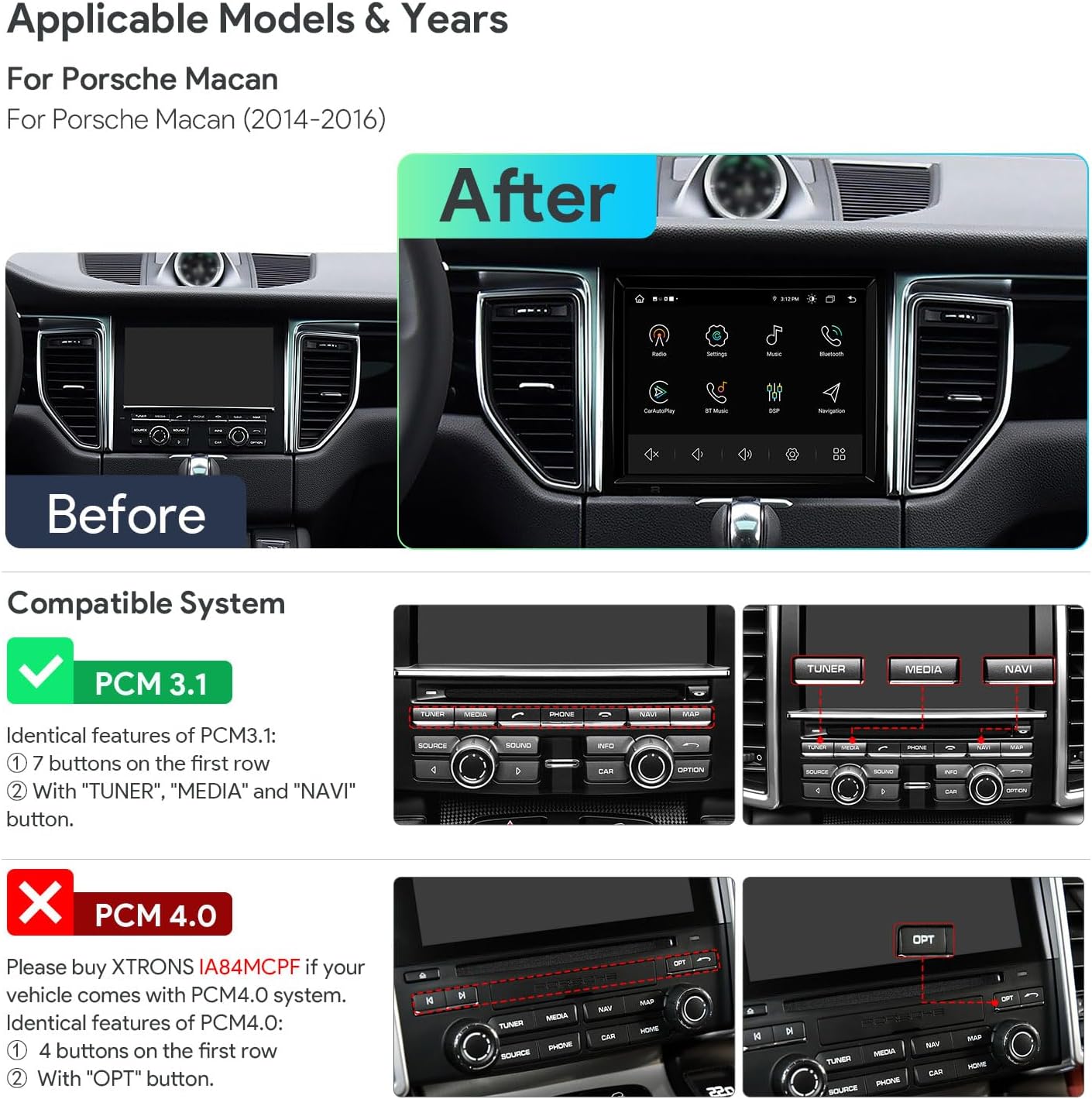 XTRONS 8.4 Inch Android 14 Car Stereo for Porsche Macan (2014-2016) with Optical Fiber Decoder, IPS Touch Screen 4GB+64GB Global 4G LTE Car Radio GPS Navigation Support Wireless Car Play Android Auto