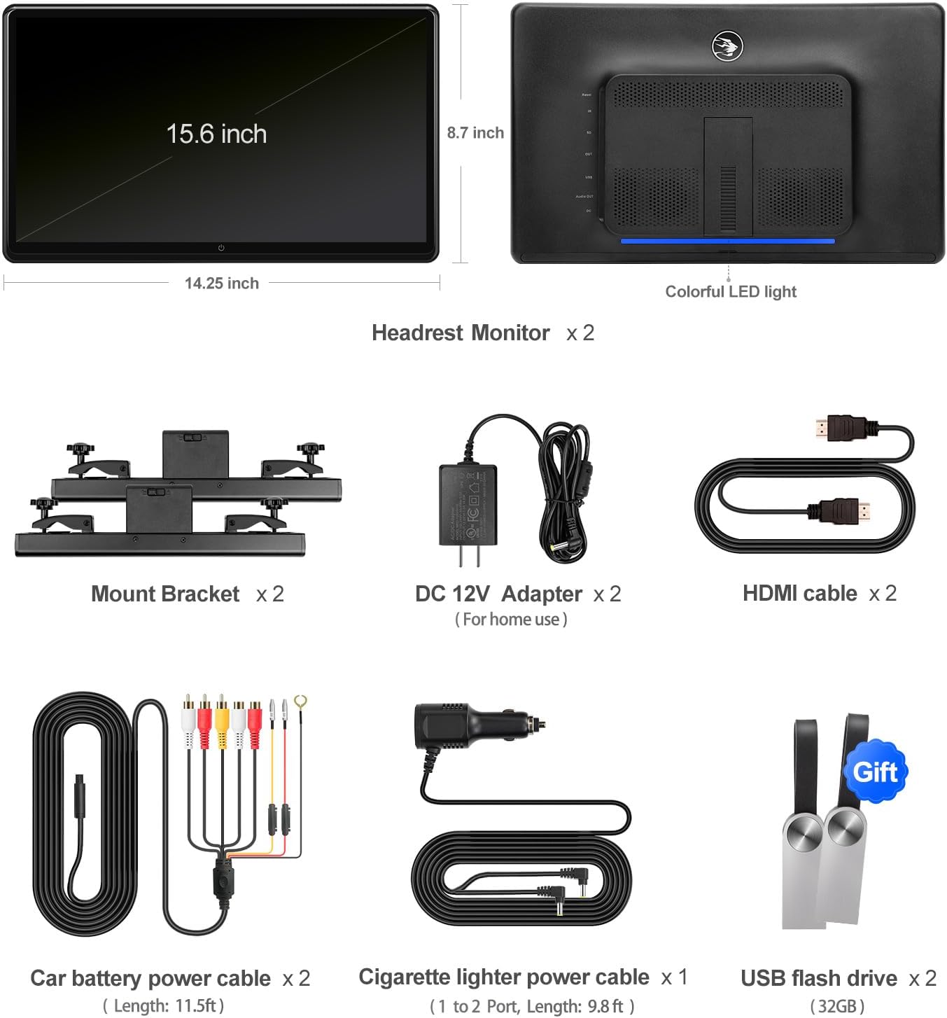 car display15.6-inch 4K Android portable car TV headrest display tablet suitable for car backseat, supports mobile phone wireless touch screen, comes with WiFi/Bluetooth/HDMI/USB/FM/multimedia video player