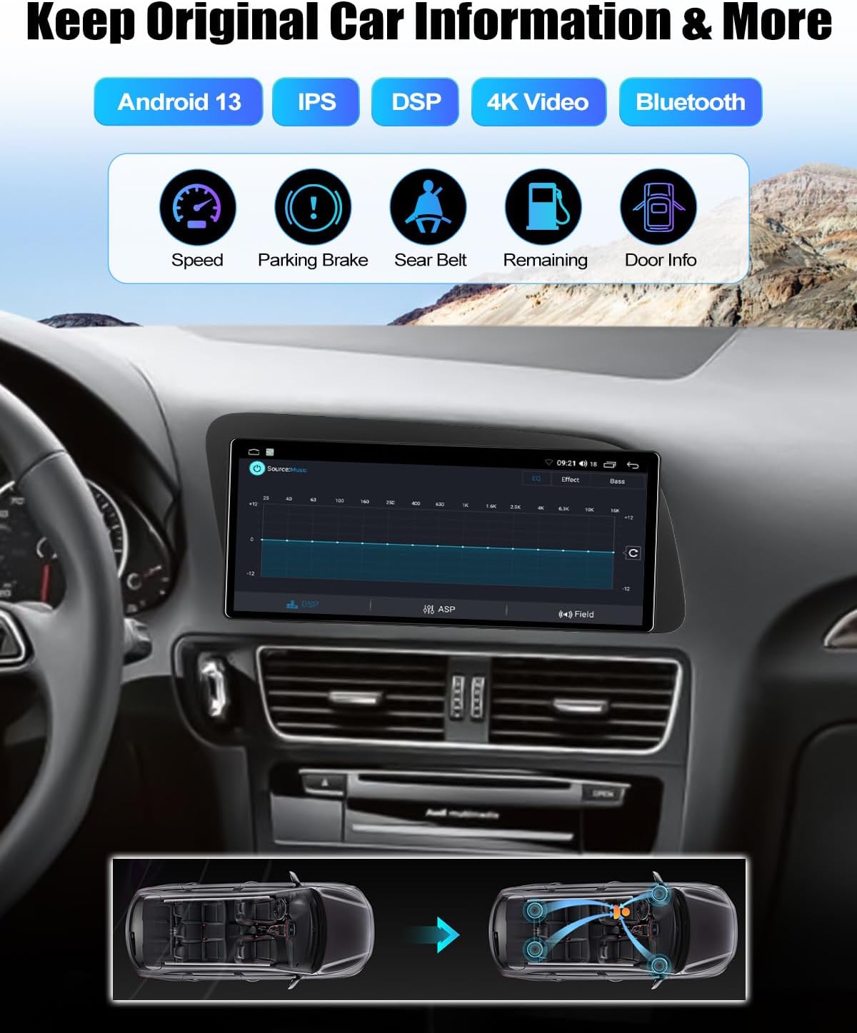 2+64GB Car Stereo Radio for Audi Q5 2009-2017 Concert/Symphony with Wireless CarPlay Android Auto Android 13 Head Unit 10.33" IPS Touch Screen Car Radio with DSP Bluetooth FM WiFi GPS Navigation