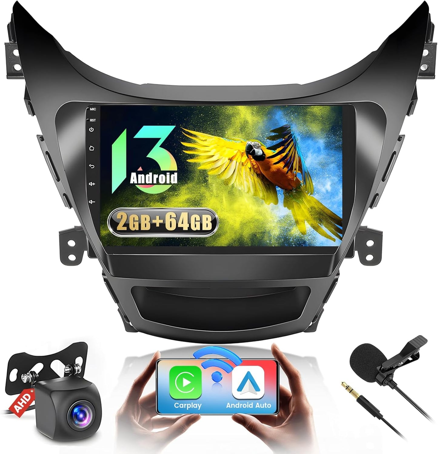 2+64G Inefala for Hyundai Elantra 2011-2013 Android 13 Car Radio Stereo Head Unit with Wireless Carplay&Android Auto, 9 Inch Touchscreen with HiFi WiFi GPS FM/RDS Mic AHD Backup Camera