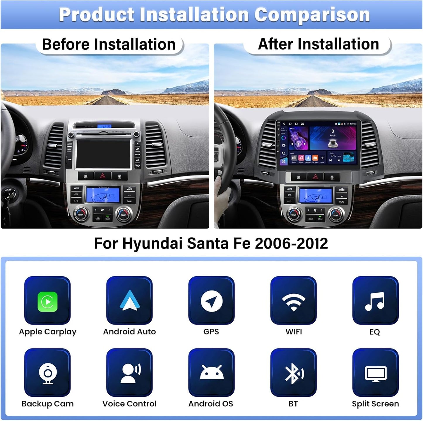 4+64G Android 13 Car Radio for Hyundai Santa Fe 2006-2012, 9'' HD 1280 * 720 Touchscreen Bluetooth Car Stereo with Wireless CarPlay Android Auto Mirror Link GPS Navi,WiFi,32EQ DSP,SWC+Camera&Mic