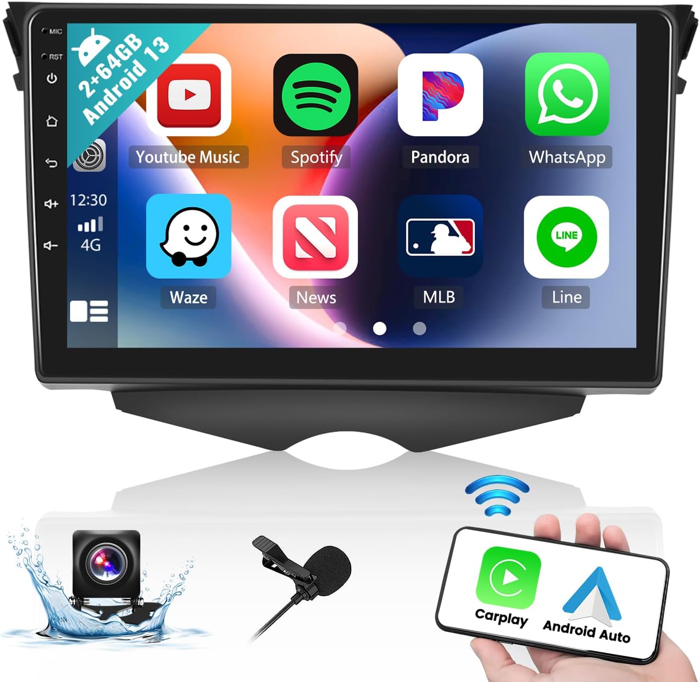 CAMECHO 9'' Touchscreen Car Radio for Hyundai Veloster 2011-2015 Head Unit with Carplay Android Auto, 2+64G Android 13 with Bluetooth 5.0, GPS Navigation, WiFi, FM/RDS + Backup Camera & Microphone
