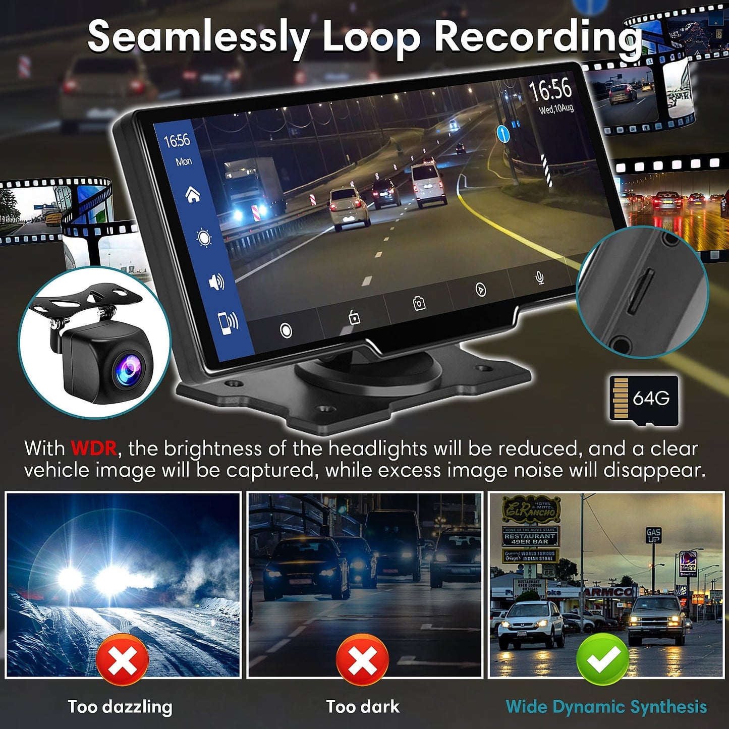 Wireless Carplay Screen for Car, 2.5K Dash Cam, 64G SD Card, Backup Camera, Bluetooth, GPS Navigation, Android Auto, 9.3" Portable Car Play Screen
