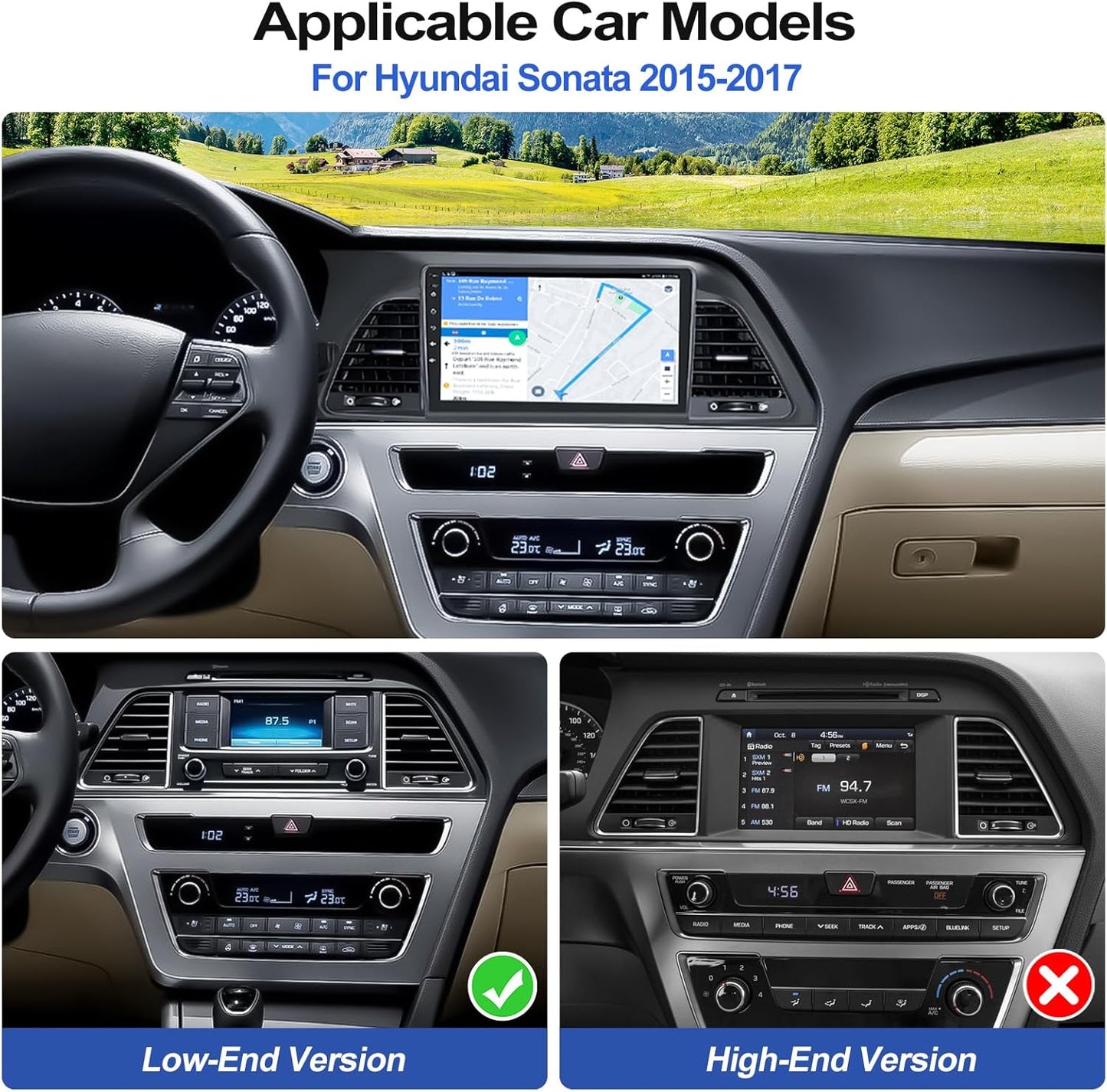 2G+32G Car Stereo Radio for Hyundai Sonata 2015 2016 2017 with Wireless CarPlay Android Auto Android 13 Car Radio 9" Touch Screen Bluetooth Radio with GPS Navigation FM RDS Backup Camera Head Unit