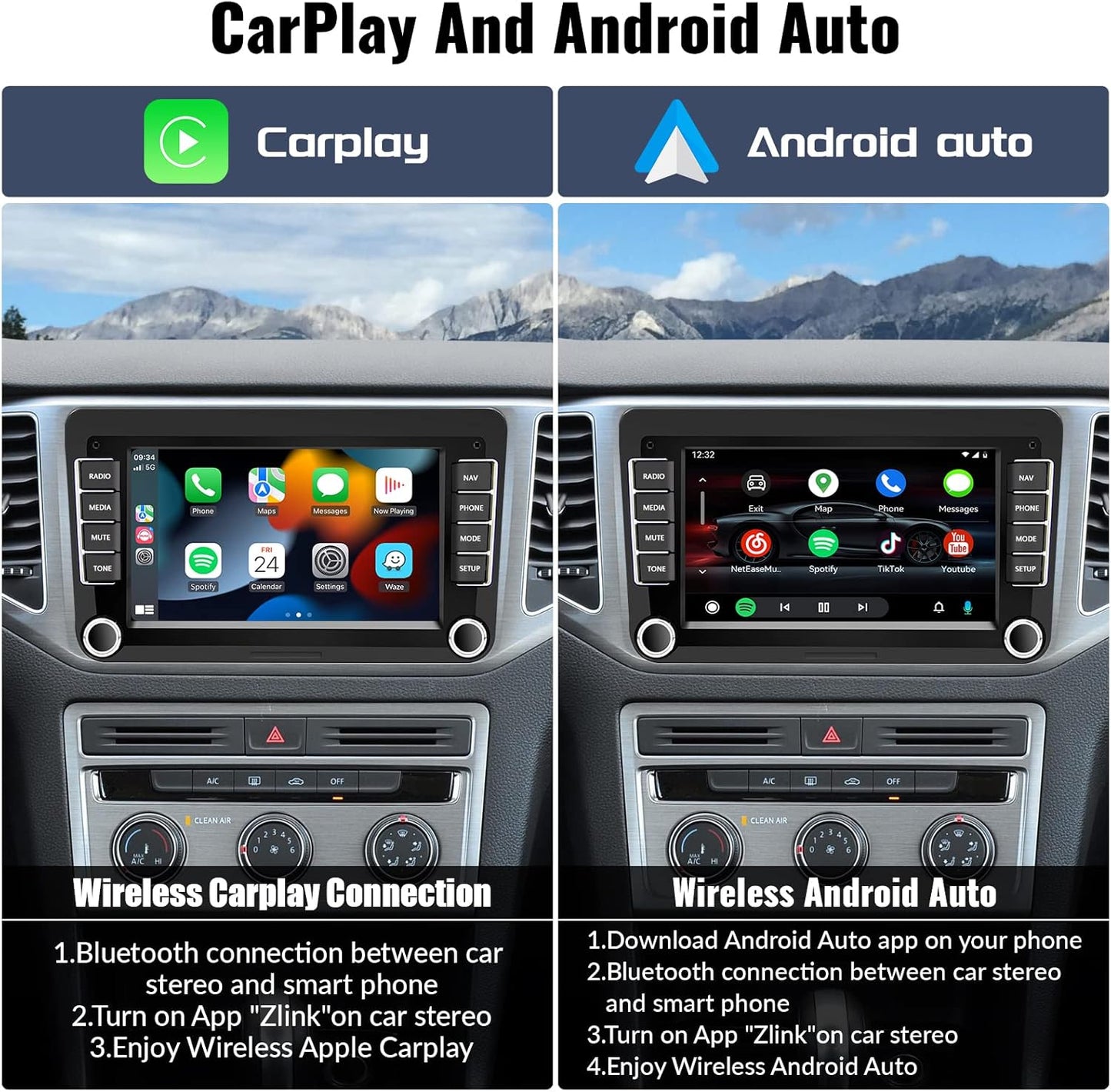 Android Car Stereo for VW Volkswagen Seat Golf Passat Jetta Beetle Tiguan Touran EOS 7” Double Din Touchscreen Bluetooth Radio with Apple CarPlay Android Auto GPS Navigation WiFi FM Backup Camera MIC