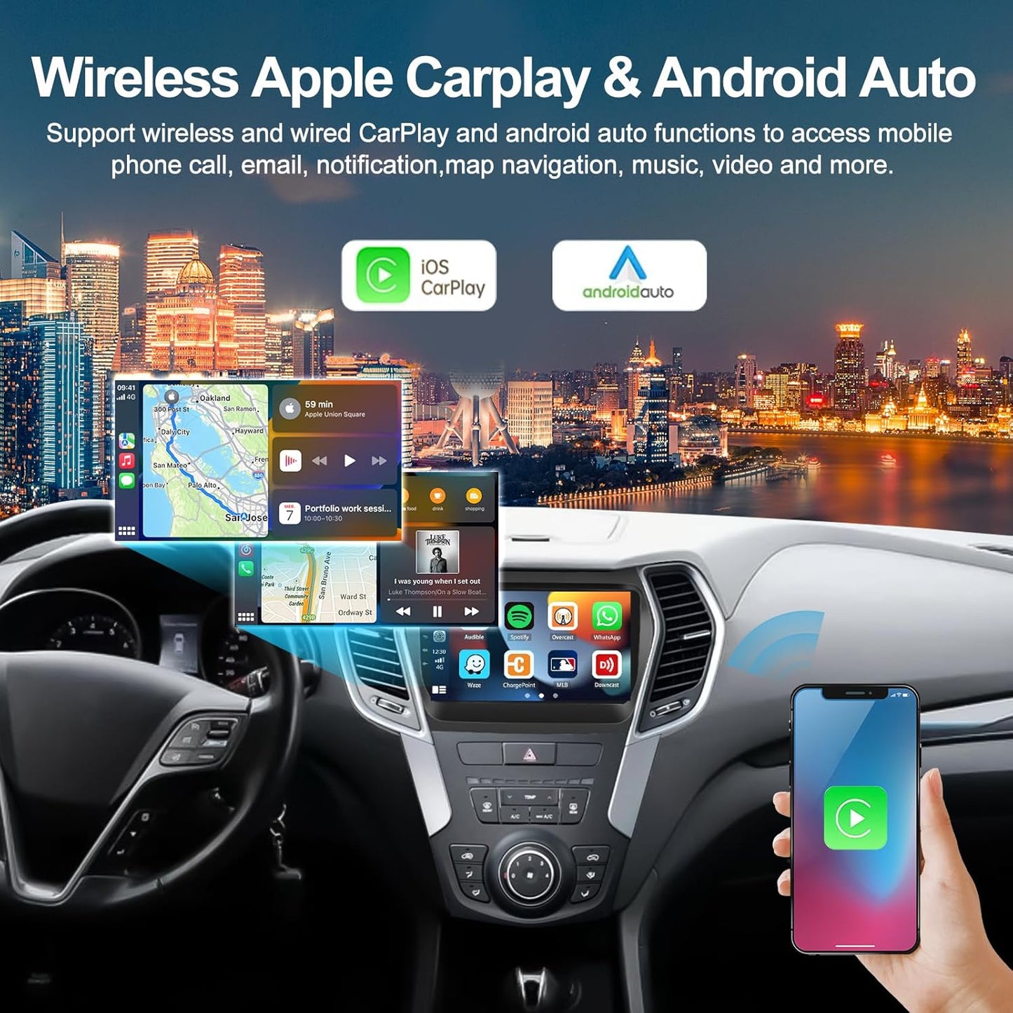 2G+32G Android 13 Car Stereo for Hyundai Santa Fe 2013-2017 with Wireless Apple CarPlay Android Auto Mirror Link 9" Touch Screen Bluetooth Car Radio with GPS Navigation WiFi Backup Camera FM Head Unit