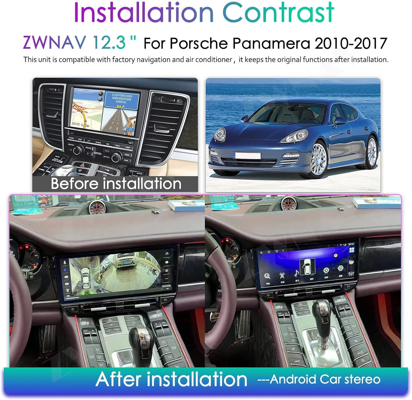 ZWNAV 12.3 Inch Android 10 Car Stereo for Porsche Panamera 2010-2016, GPS Navigation Headunit, WiFi, Bluetooth, SWC, IPS Touch Screen, AM/FM Receiver (4+64GB)