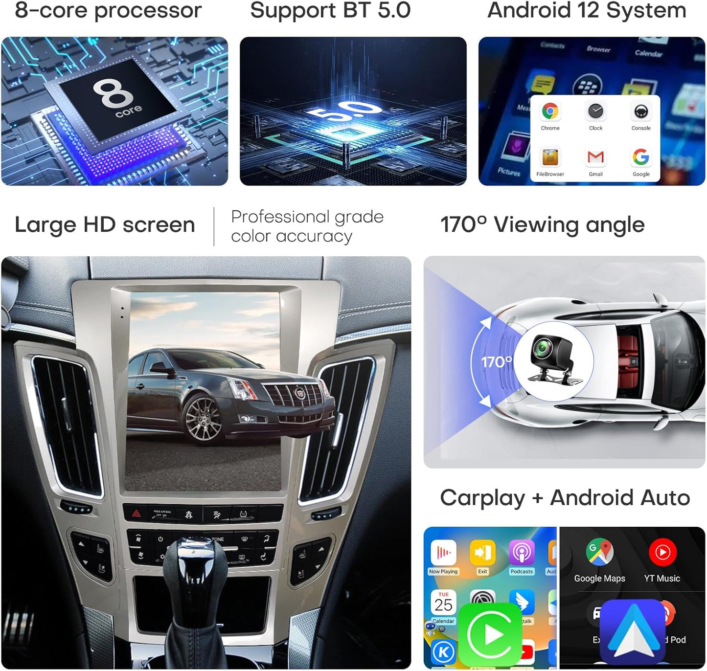 Car Radio for Cadillac CTS 2008-2012 Stereo Replacement Upgrade Carplay Android Auto Vertical Touch Screen Tesla Style with DSP in Dash Headunit Multimedia Player Audio Voice Control GPS Navigation