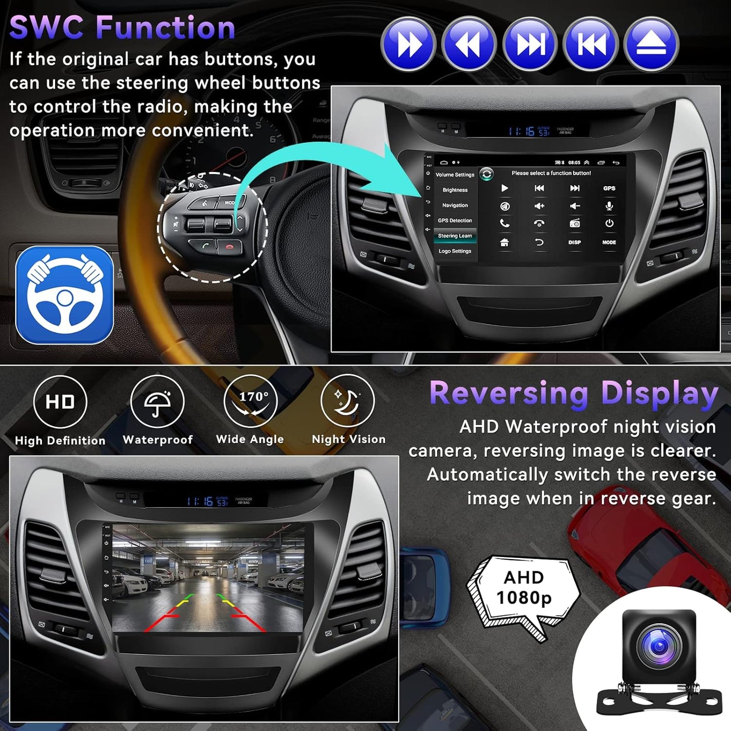 2+64G Android Car Stereo for Hyundai Elantra 2014 2015 2016 with Apple Carplay Android Auto Mirror Link 9 inch Touchscreen Radio Head Unit FM RDS HiFi Bluetooth WiFi GPS + AHD Backup Camera & MIC