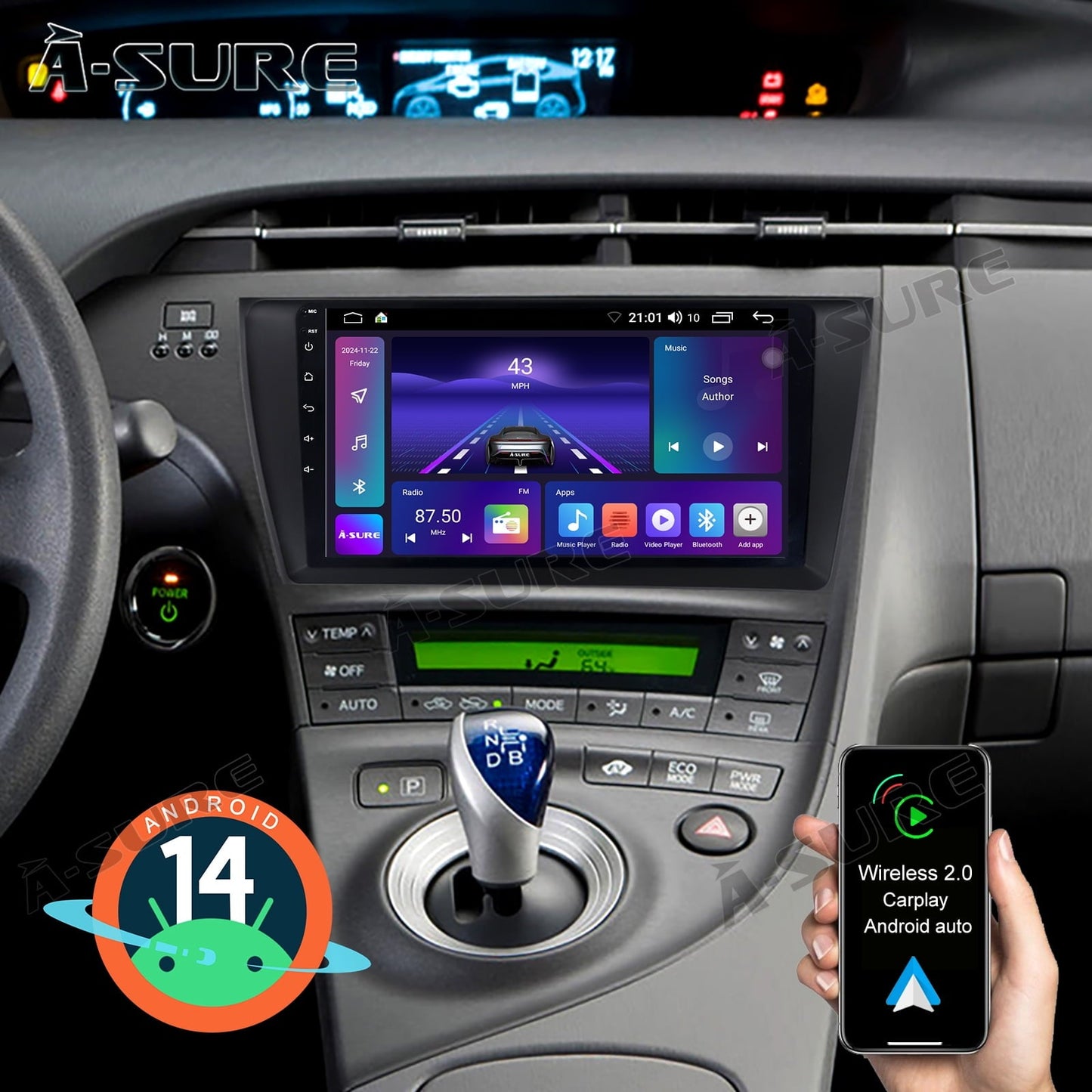 Toyota Android Head Unit 4+64GB Android 14 Car Radio Stereo for Toyota Prius MK3 2010-2015 Wireless CarPlay GPS Navi WiFi Bluetooth DSP RDS SWC USB