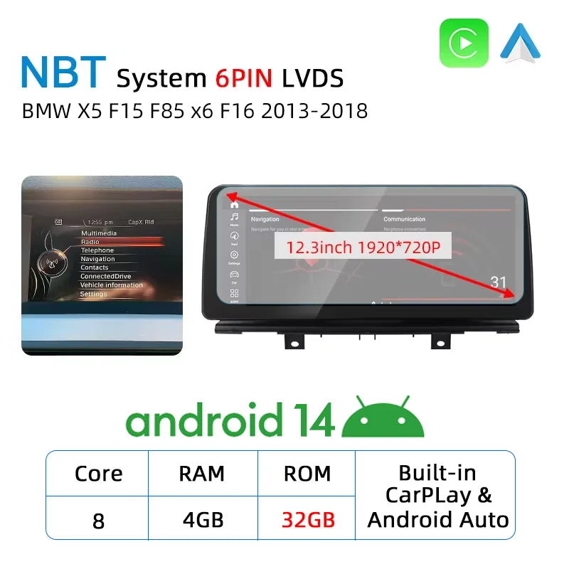 New Android 14 Auto Wireless CarPlay For BMW X5 F15 X6 F16 F85 2013-2018 Car Multiemdia Player GPS Stereo 4G WiFi Head Unit