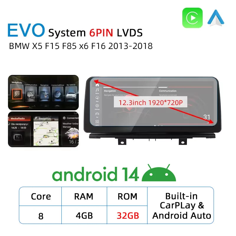 New Android 14 Auto Wireless CarPlay For BMW X5 F15 X6 F16 F85 2013-2018 Car Multiemdia Player GPS Stereo 4G WiFi Head Unit