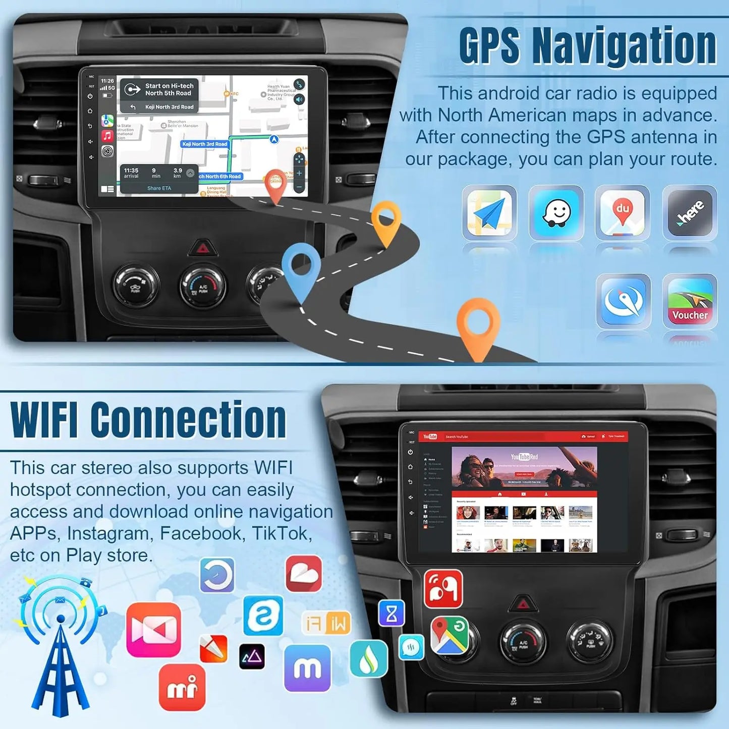 New 9 Inch Wireless Car Radio for Dodge Ram 2013-2018 1500 2500 3500 Touch Screen Car Stereo with Backup Camera GPS (Manual AC)