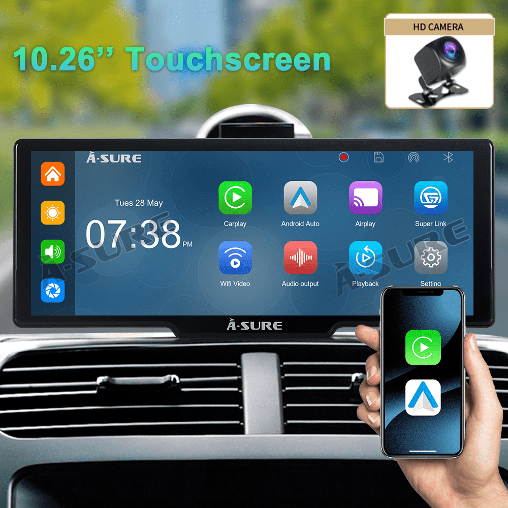 ASURE 10.26'' Portable Dual Camera Dash Mount Car Stereo with Wireless Apple CarPlay Android Auto, Universal Multimedia Player Dash Cam IPS Touchscreen