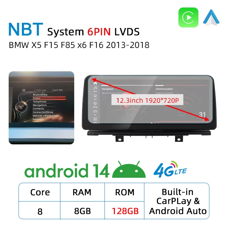 New Android 14 Auto Wireless CarPlay For BMW X5 F15 X6 F16 F85 2013-2018 Car Multiemdia Player GPS Stereo 4G WiFi Head Unit