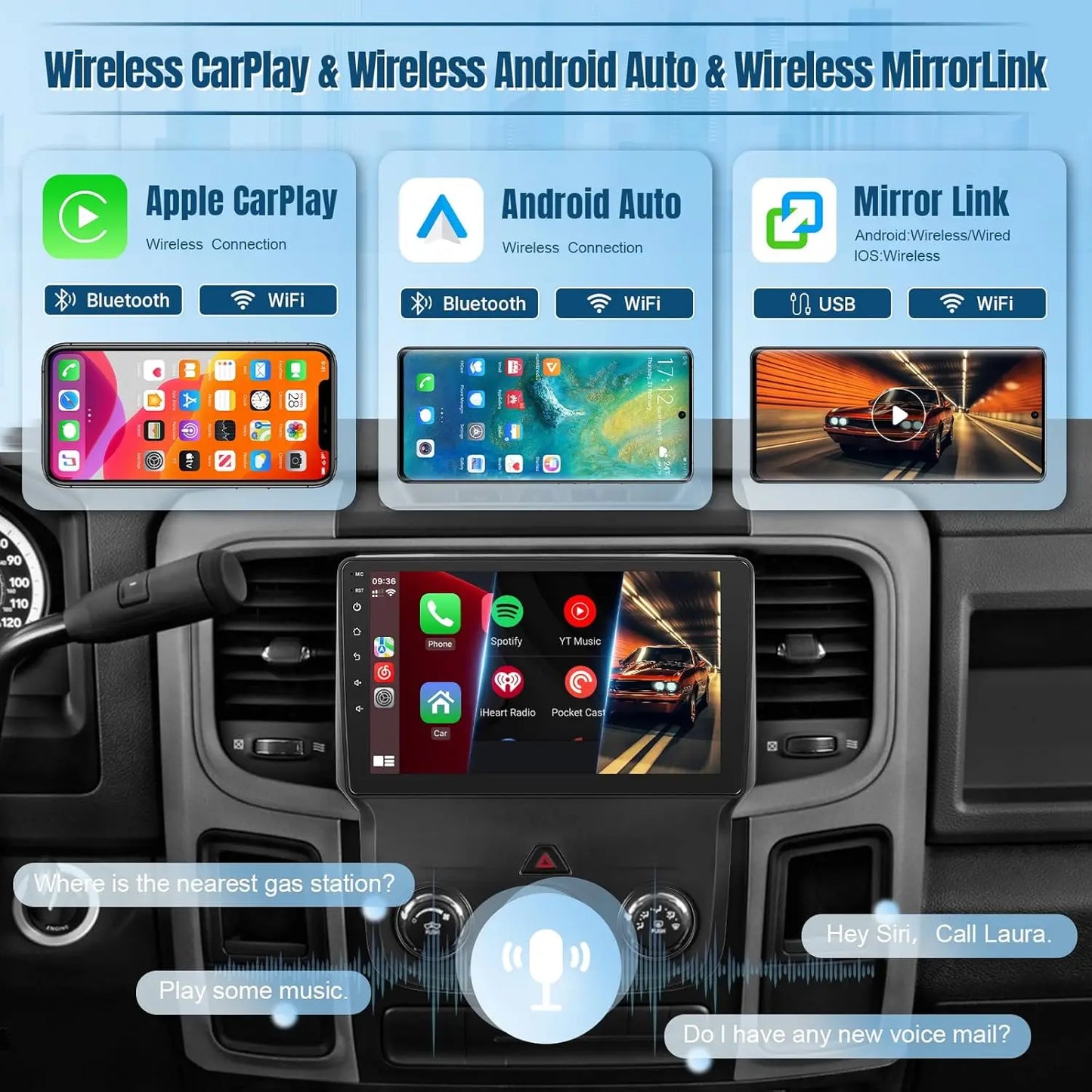 New 9 Inch Wireless Car Radio for Dodge Ram 2013-2018 1500 2500 3500 Touch Screen Car Stereo with Backup Camera GPS (Manual AC)