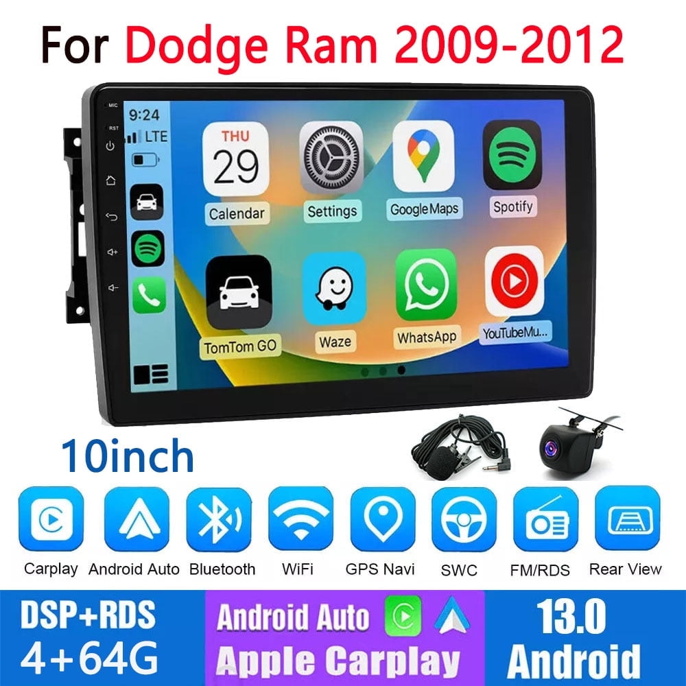Guwzn Car Stereo Radio for Dodge Ram 2009-2012 10" Touchscreen 4+64G Vehicle GPS Navigation Wireless CarPlay Android Auto