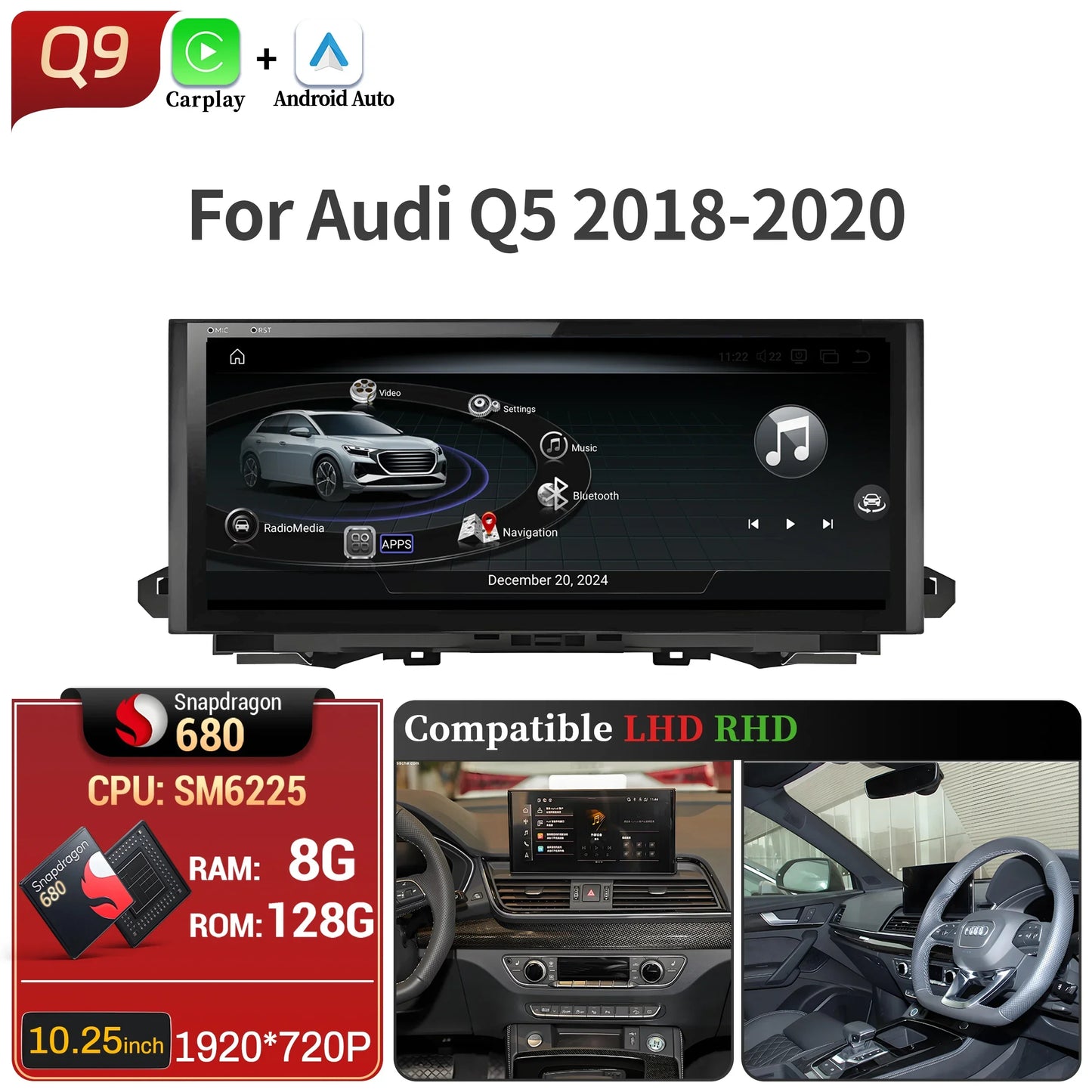 10.25 inch Android 14 For Audi Q5 2018-2020 Car Radio Wireless Bluetooth Carplay Qualcomm Snapdragon 680 Touch Head Unit Screen