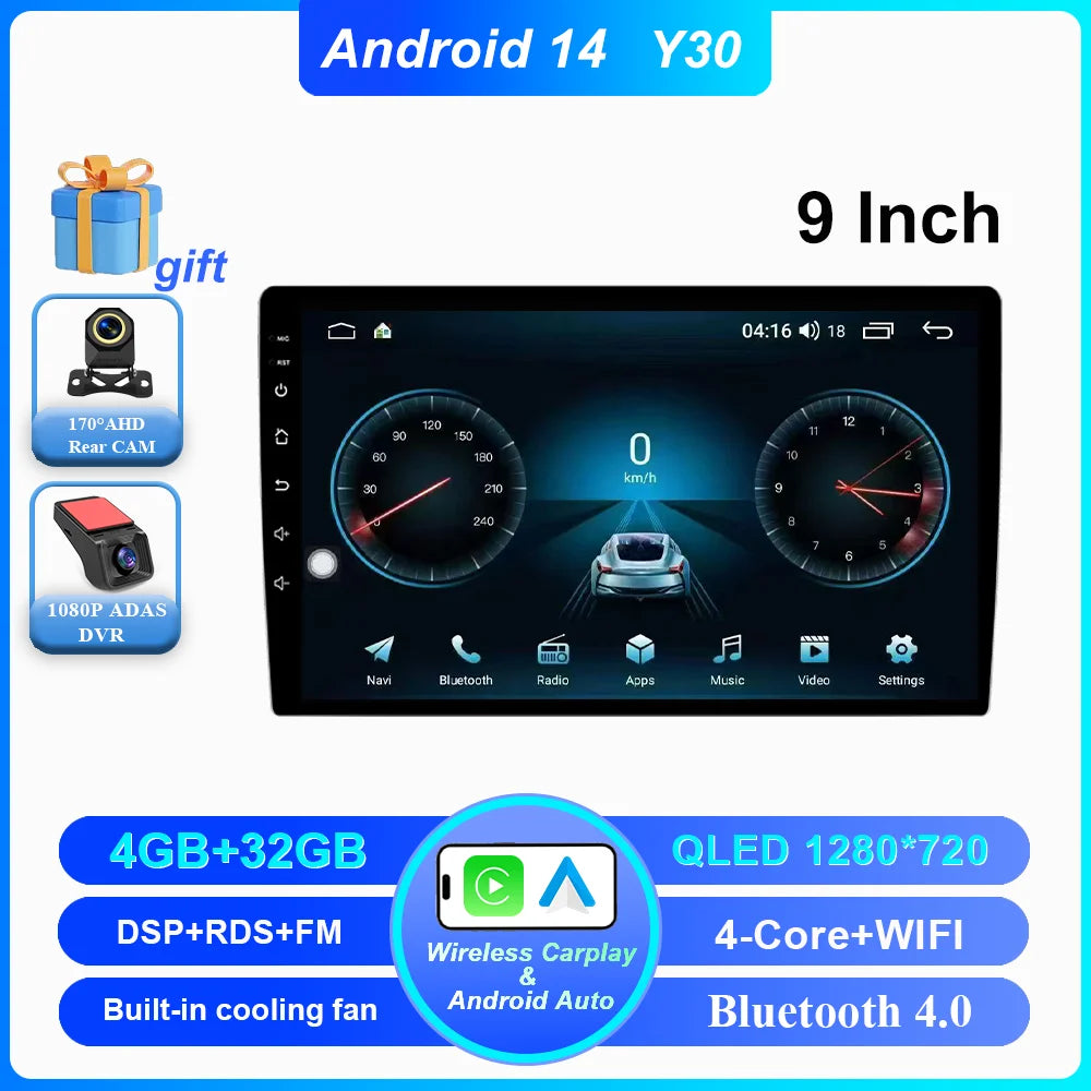 Android 14 CarPlay car radio Android Auto GPS multimedia player 2 DIN universal 9/10 inch Car stereo WiFi player QLED Screen BT