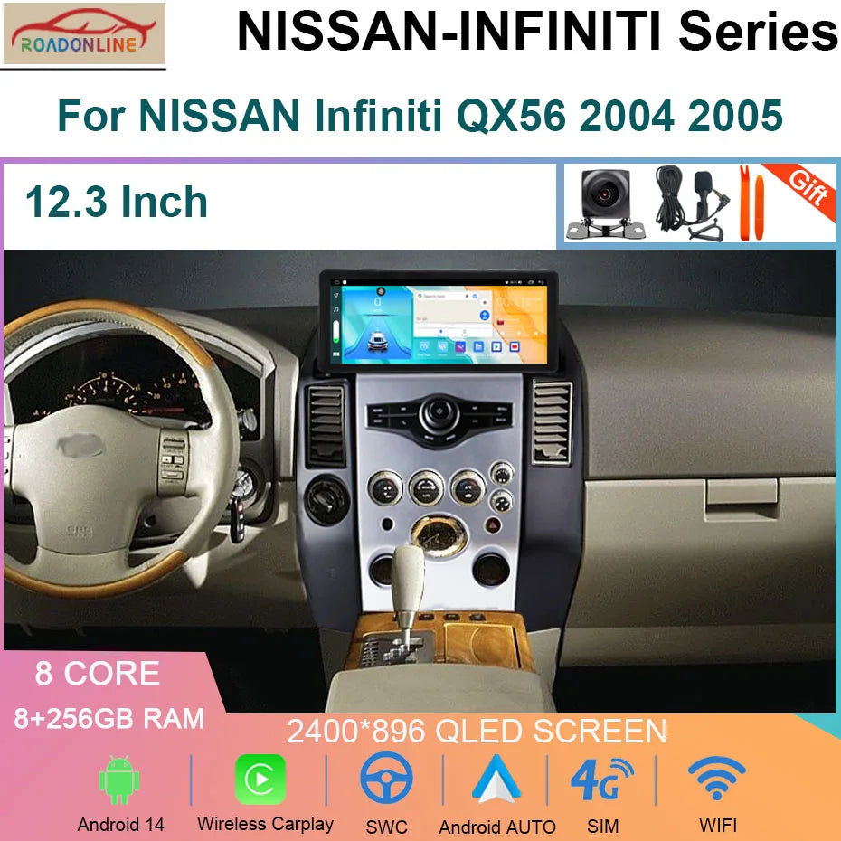 12.3" 4G Carplay Android 14 Car Radio Multimedia Video Player For NISSAN Infiniti QX56 2004 2005 Navigation GPS Head Unit