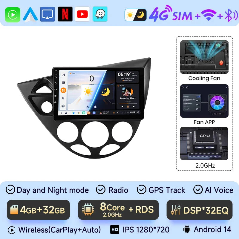 JIUYIN Wireless CarPlay Android Auto Radio for Ford Fiesta 1995-2001 Focus MK1 1998-2004 GPS 2din autoradio