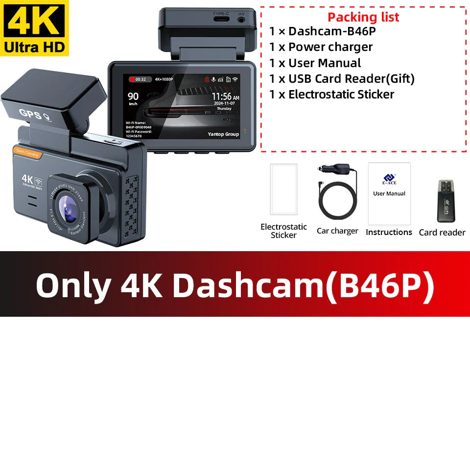 DashCam 4K Mini Car Dvr Video Recorder With GPS WIFI Support Dual Lens 1080P RearView Camera Night Vision Black Box 24h Parking