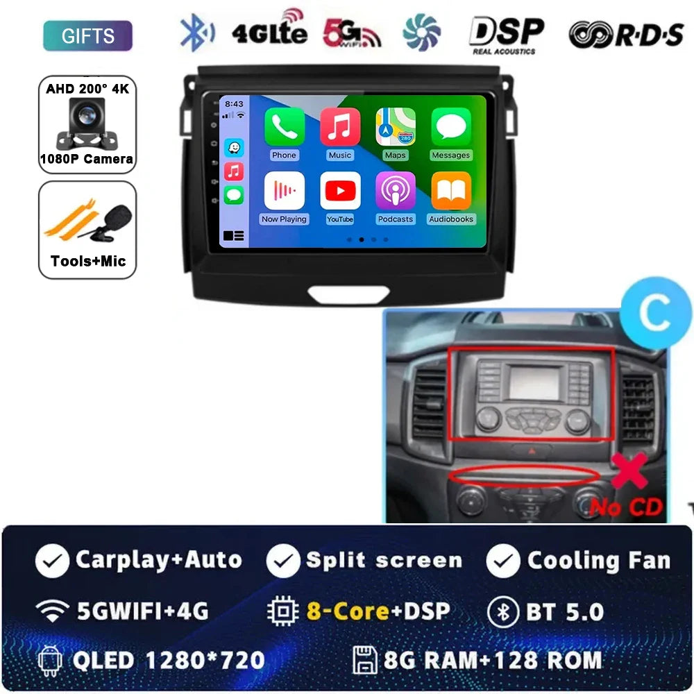 Android 15 Car Radio Stereo QLED Screen For Ford Ranger 2015 2016 2017 2018 2019-2022 GPS Multimedia Carplay Autoradio Head unit