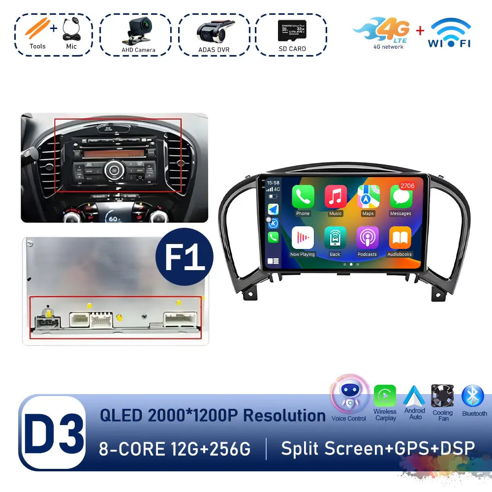 Carplay Android OS for Nissan Juke YF15 2010 - 2014 QLED Touch Screen 9 '' Car Radio Stereo Player GPS Navigation WiFi Head Unit